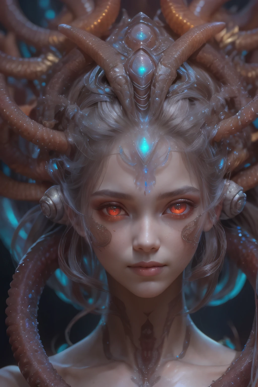 Portrait, (beautiful female alien:1.2), (There is a female genital-like organ in the middle of the forehead:1.8), (The most beautiful face in the history of the universe:1.2), (scarlet eyes:1.6), (Translucent skin:1.8), an evil gaze that seduces , (red eyes:1.5), Full body like, (ypose:1.5), alien, No humans, cells are fused, (Lots of translucent tentacles:1.1) (Translucent skin:1.3), extraterrestrial, cell, bio image, 魅惑的, Best Quality, 8K,4K_quality, high definition, Dramatic Lighting, masutepiece:1.5,cinematic quality, detail up, (Intricate details:1.2), high resolution, High Definition, drawing faithfully, (Thick eyebrows:1.2), Beautiful eyes with fine symmetry, (Ultra detailed eyes:1.2),(Highly detailed face and eyes:1.2), (High-resolution red-eye:1.4), Intimate face, (Super detailed skin quality feeling:1.4), Perfect Anatomy, (Beautiful toned body:1.5), (Moist skin:1.2), No makeup, (dark circles:1.1), long canines, cinematic drawing of characters, ultra high quality model, cinematic quality, detail up, (Intricate details:1.2), high resolution, High Definition, drawing faithfully, Official art, Unity 8K wall , 8K Portrait, Best Quality, Very high resolution, ultra detailed artistic photography, midnight aura, unreal engine 5, Ultra Sharp Focus, art by alberto seveso, ArtGerm, Roisch, intricate artwork, Medusa, best quality, masterpiece, ultra high resolution, (photos realistic:1.4), Ultra-realistic realism, dream-like, nautilus, Creation of fantasy, Snail, Dream Snail, biopunk nautilus, thrilling color schemes, Ultra-realistic realism, seductively smiling, blue tentacles