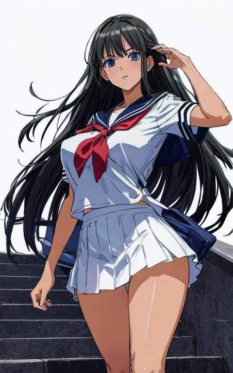 A beautiful woman with long black hair, big breasts, beautiful legs, and a sharp face is walking up the school stairs from behind, wearing a sailor suit with a white miniskirt and showing light blue and blue panties.。
