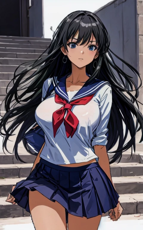 A beautiful woman with long black hair, big breasts, beautiful legs, and a sharp face is walking up the school stairs from behind, wearing a sailor suit with a white miniskirt and showing light blue and blue panties.。