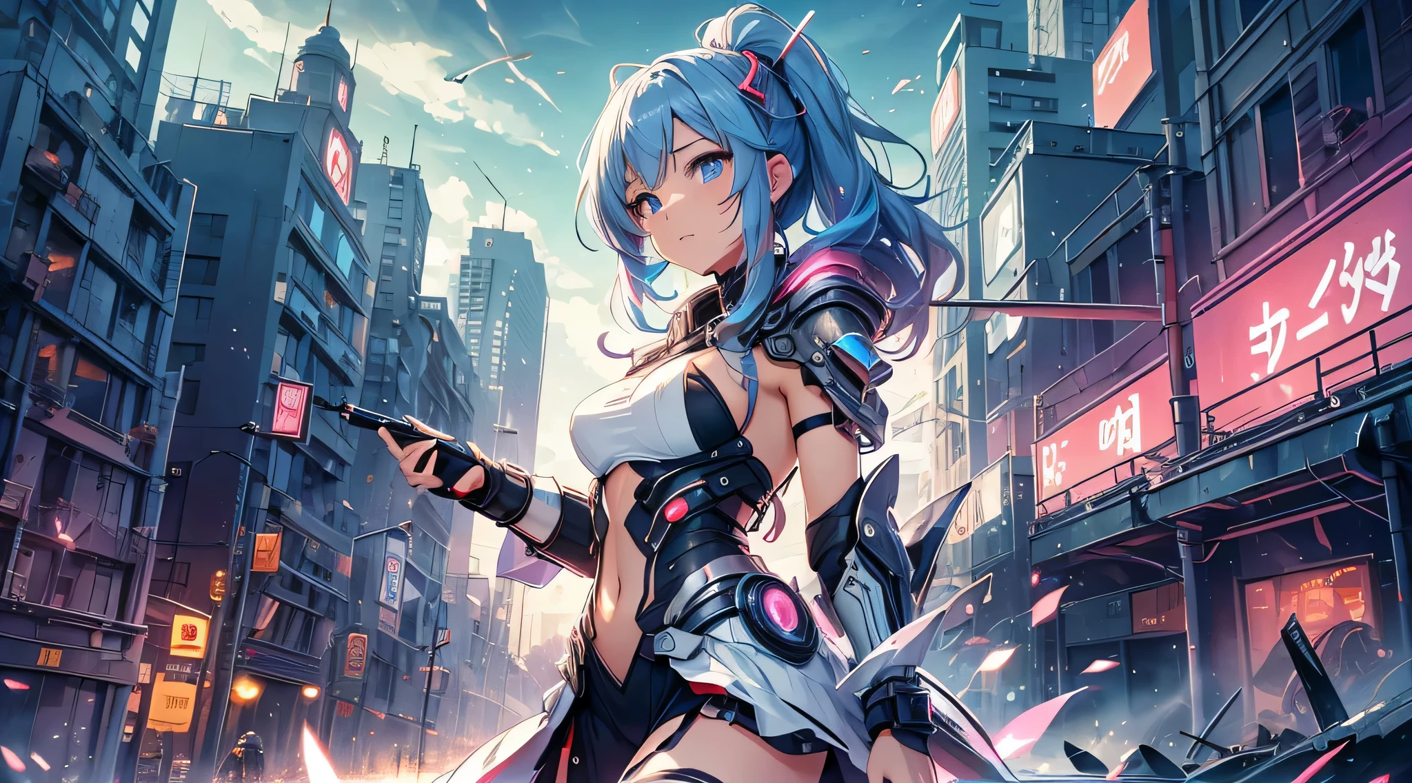 top-quality、Top image quality、​masterpiece、teens girl((sixteen years old、 Ager、Best Bust、big bast,wide open breasts、Beautiful light blue eyerest, multicolored hair、A slender,Large valleys、Reflecting the whole body、Laugh、Neon colored hair、PINK SHIRT、red cloak、Red short skirt、Niō Standing、cross weapons in the air)),hiquality、Beautiful Art、Background with((cyberpunked、The city of collapsed buildings also exploded、Explosive inflammation、fires)))、masutepiece、depth of fields,hero wind