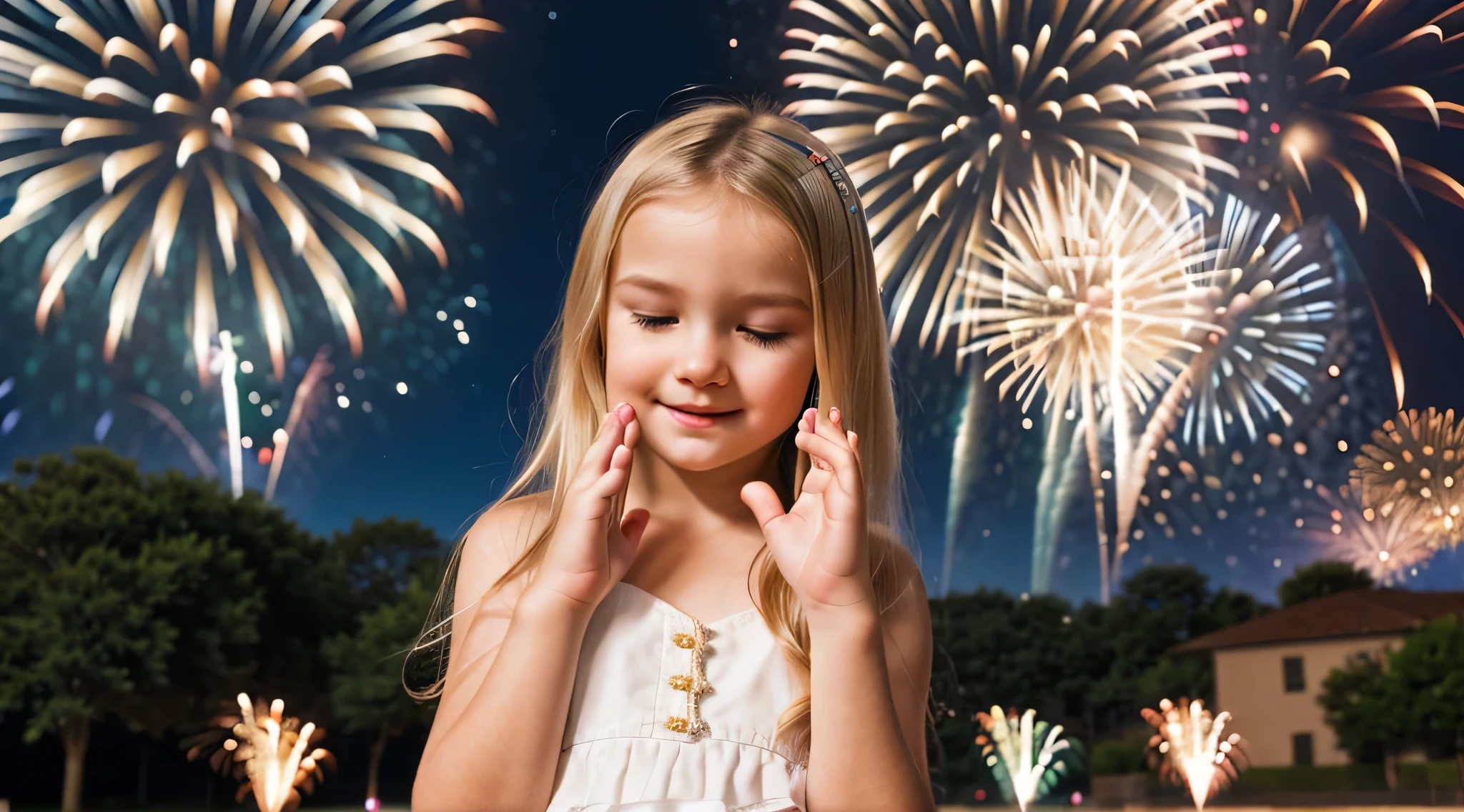 blonde girl CHILD clasped her hands in prayer, background fireworks.