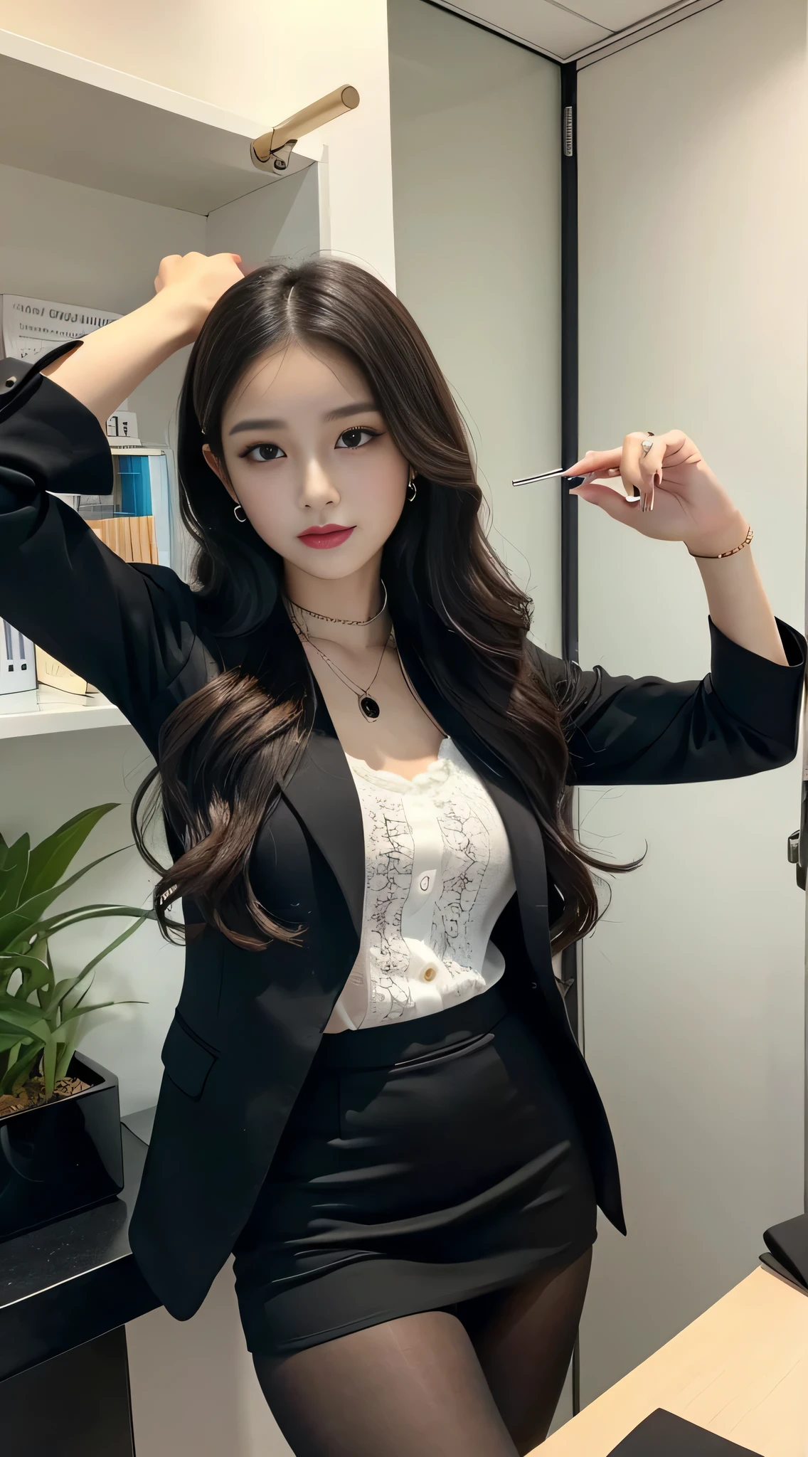 LTRA Details、Fascinating beauty、Dainty woman、Piercing eyes、Cool Girl、Wavy Hair、Suit、tight skirts、Black pantyhose、Evil Female Executive、Evil Fall、brainwash、lacy fabric、Glossy legs、black lipstick、Lip gloss、Smirk、wickedな表情、Suspicious look、Hollow eyes、wicked、Reaching out、Arms up、In the office、Palm forward、Drink a drink、Pendants