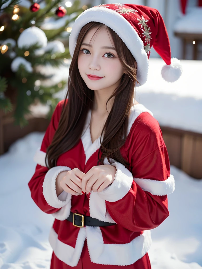 beautiful girl with brown hair and brown eyes、Enjoy the fun atmosphere of Christmas with Santa 。she wears a red santa hat on her head、wearing a red and white santa costume。The outfit fits snugly to her body.、Bright red and snowy white highlight her beauty。brown eyes shine brightly、Her skin is full of Christmas joy。She symbolizes Christmas cheerfulness、Fun like Santa delivering presents.。