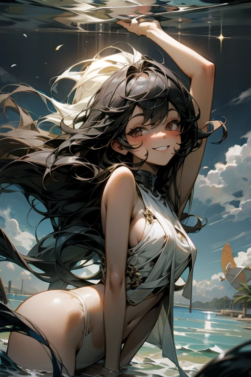 desnuda, sonriente, cabello largo