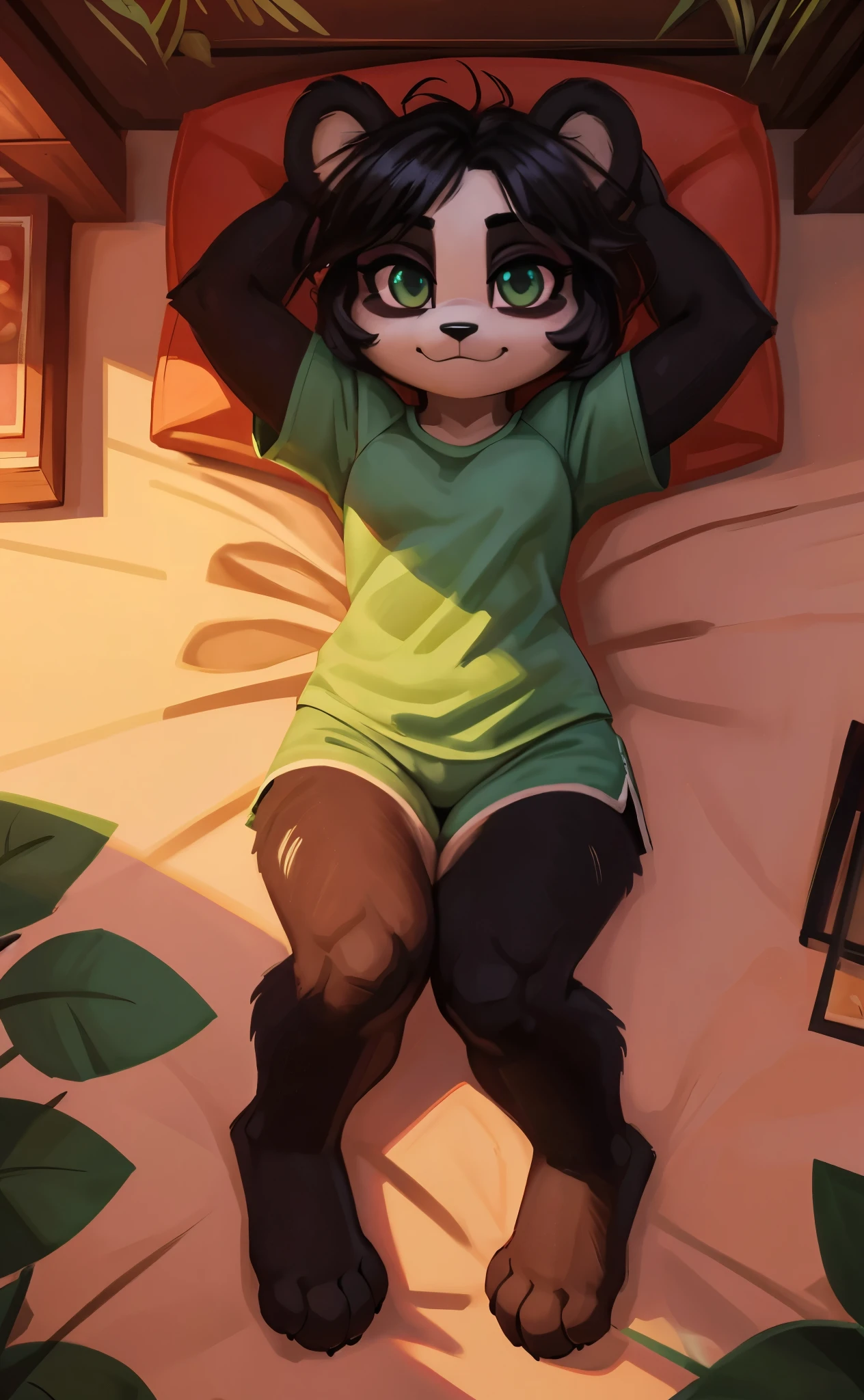 [Yaya Panda], [Uploaded to e621.net; (Pixelsketcher), (wamudraws)], ((masterpiece)), ((HD)), ((solo portrait)), ((full body)), ((bird's-eye view)), ((feet visible)), ((furry; anthro)), ((detailed fur)), ((detailed shading)), ((beautiful render art)), ((intricate details)), {anthro panda; (black fur), (white fur), black nose, (cute green eyes), (short eyelashes), (long black hair), (curvy hips), (beautiful legs), (beautiful paws), (blushing), (smug smirk)}, {(green tee shirt), (red lounge shorts)}, {(on bed), (laying on back), (looking at viewer)}, [background; (bamboo forest), (bedroom), (nighttime), (ambient lighting)]