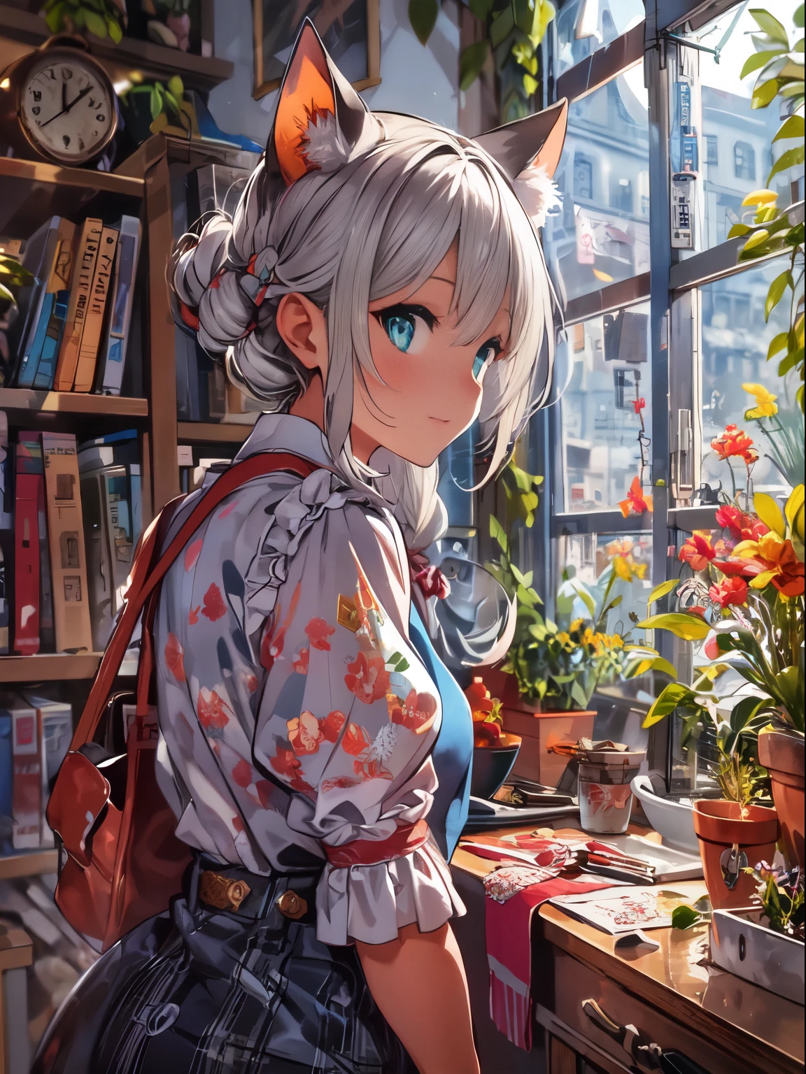 Exquisite, Illustration of Nikko BREAK Profile with soft focus on character&#39;face and environment details of BREAK young woman with cat ears and intricate gray hair, BREAK while looking out the window and thinking. A cozy store full of books., Potted plants, and vintage decor, Bathed in the golden light of a quiet afternoon.