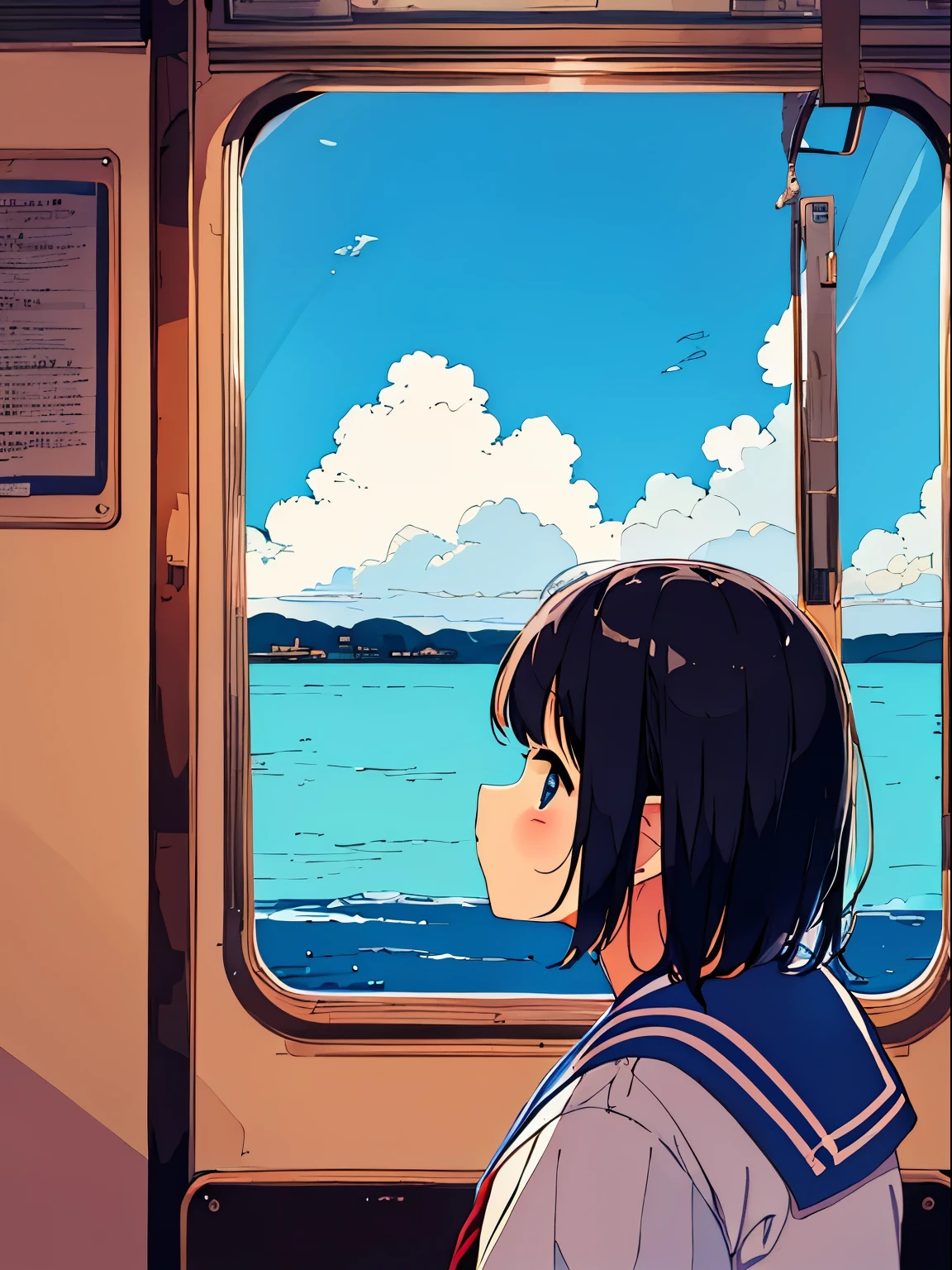view from inside the bus、Girl in a sailor suit、profile、Looking out the window、Nostalgic、