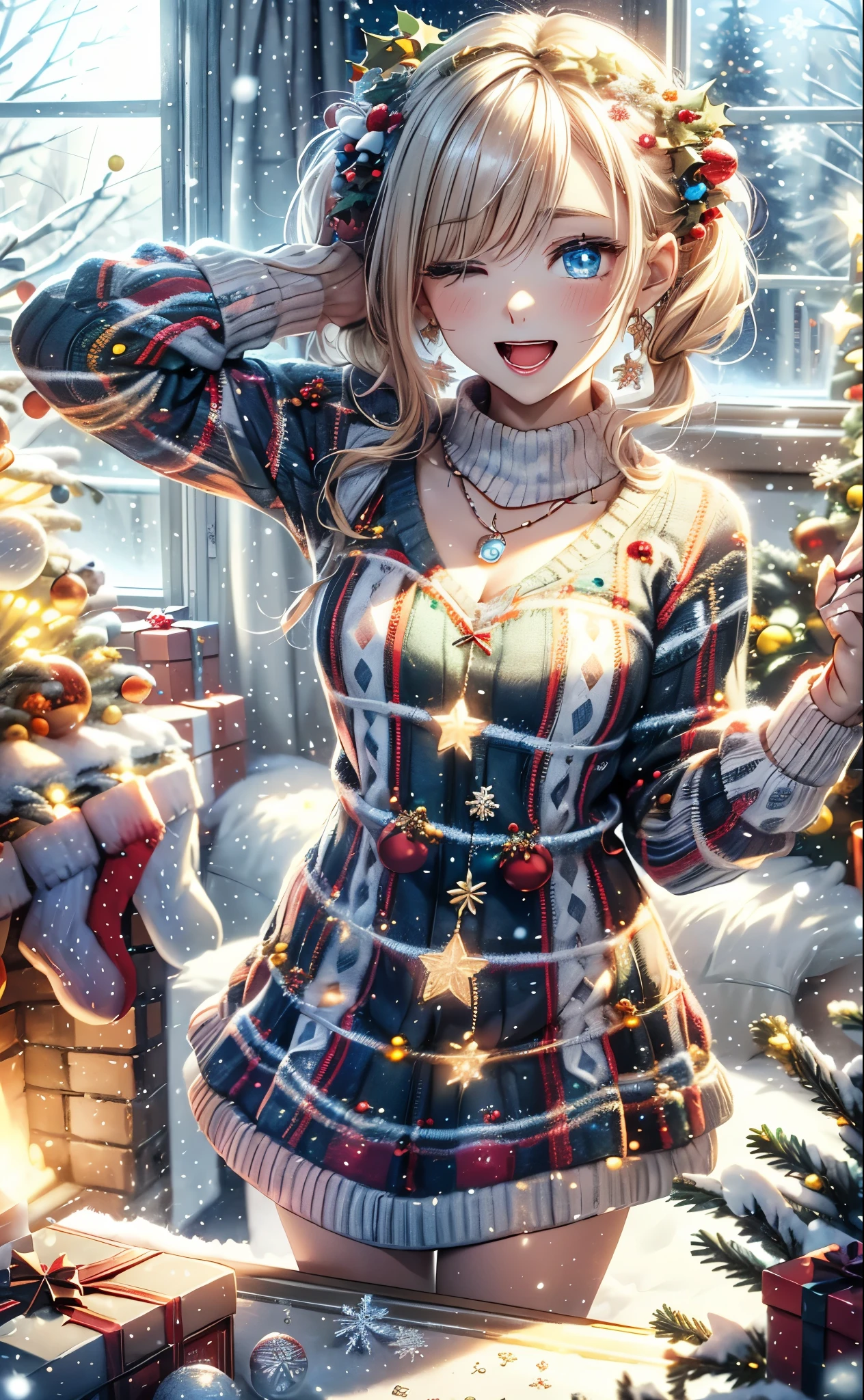 absurderes, ultra-detailliert,bright colour, Short hair,Blonde hair with fluffy short twintails:1.2) Shiny hair,(red and white plaid sweater dress:1.5),(Open mouth and laugh 1. 3), (Christmas tree:1.3),(Christmas Decorations:1.3),(colorful led lights on the wall:1.4),Delicate beautiful face, red blush、(Deep Blue Eyes:1.5), White skin, hair clips, earrings, a necklace,(Close one eye and feel shy:1.3),Beautiful cloud,stand in front of the window in the room,Heavy snow outside the window,You can also see the starry sky and the aurora borealis..