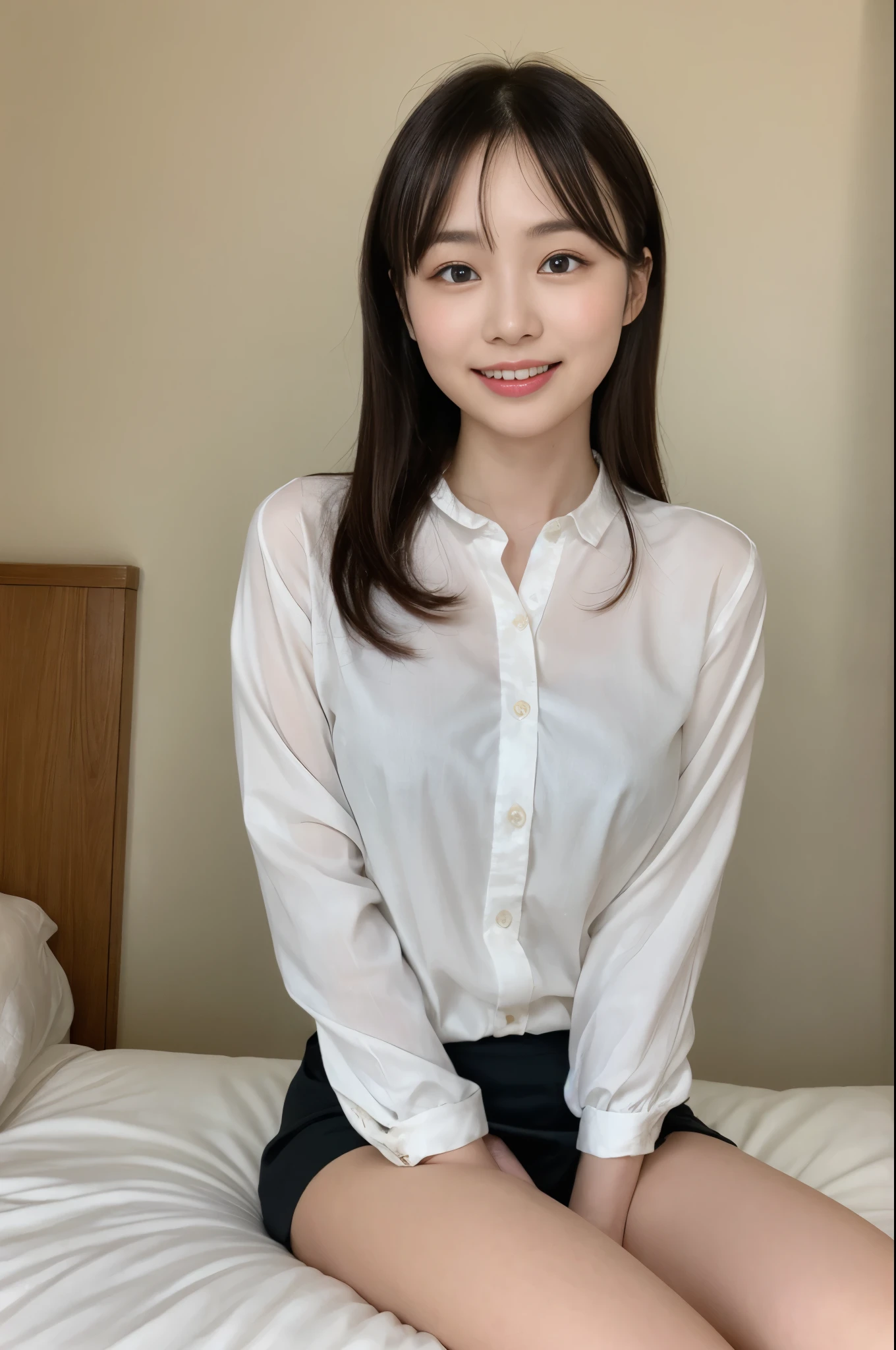 ((Best Quality, 8K, Masterpiece: 1.3)), 1 Woman, Japan Woman,, 45 Years Old, Model Figure, Ophthalmologist, Floating NovaFrogStyle, ((in detail hotel room)), lying on her back on the bed, Smiling gently, Short sleeved office clothes, Unbuttoned, Skirt, White underwear