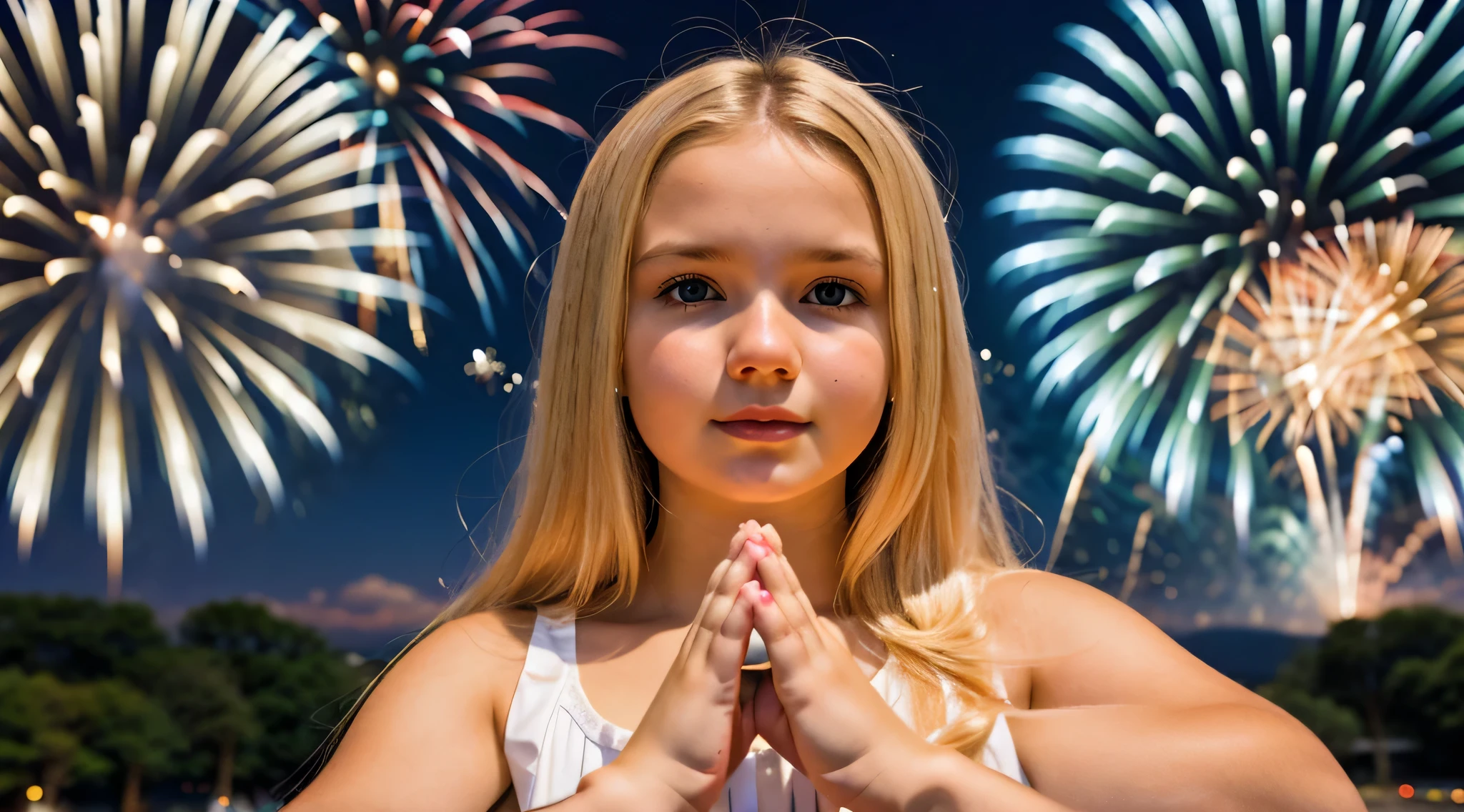 blonde girl CHILD clasped her hands in prayer, background fireworks.