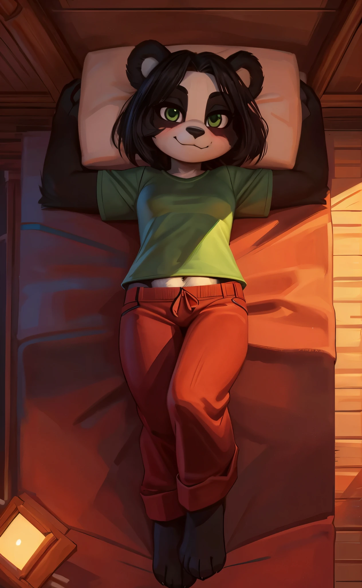 [Yaya Panda], [Uploaded to e621.net; (Pixelsketcher), (wamudraws)], ((masterpiece)), ((HD)), ((solo portrait)), ((full body)), ((bird's-eye view)), ((feet visible)), ((furry; anthro)), ((detailed fur)), ((detailed shading)), ((beautiful render art)), ((intricate details)), {anthro panda; (black fur), (white fur), black nose, (cute green eyes), (short eyelashes), (long black hair), (curvy hips), (beautiful legs), (beautiful paws), (blushing), (smug smirk)}, {(green tee shirt), navel), (red lounge pants)}, {(on bed), (laying on back), (looking at viewer)}, [background; (bamboo forest), (bedroom), (nighttime), (ambient lighting)]