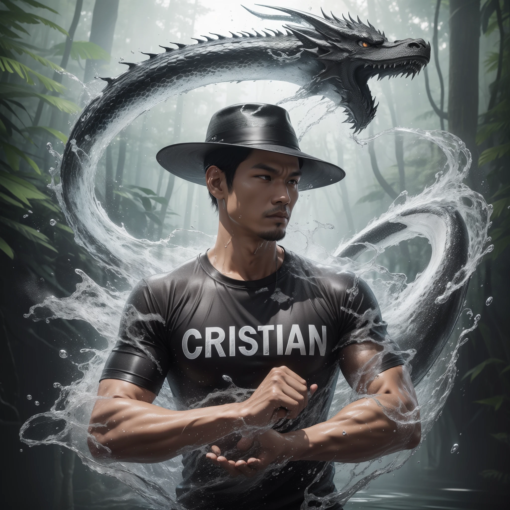 "visualize the words "(CRISTIAN)" written on a shiny silver and black t-shirt, a 30 year old Indonesian man, wearing a black hat, oval face, clearly visible pores, demonstrating pencak silat moves with water floating around him forming shapes. big clear dragon, the background is a dark forest scene with blur effect, photo realistic"