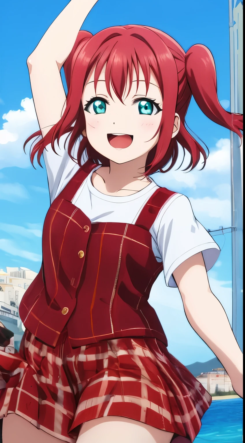 Ruby kurosawa, aqua eyes, medium hair, red hair, two side up, twintails, 1girl, jumping, winking, looking at the viewer, happy open mouth, background : sea, sunshine )