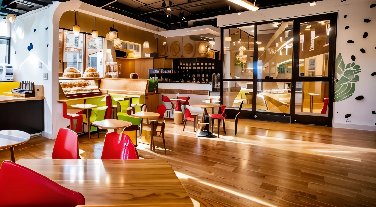 there is ALL IN NEW STYLE  a large open area with tables and chairs in it, cafe interior, fantasy bakery interior setting, milk, tastes, bright natural light, bo chen, crisp smooth clean lines, very luminous design, kano), lulu chen, bright happy atmosphere, brightly lit - style atmosphere, jia, tasty, interior, cafe, yummy, crisp smooth lines, indoor setting, coffee