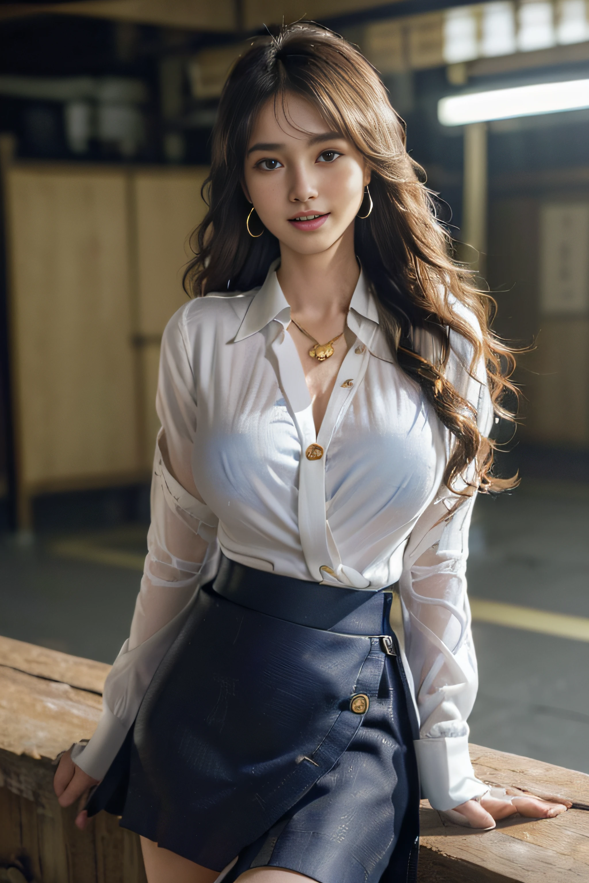 ((Beautiful girl:1.3)) Highest quality,masterpiece,Ultra-high resolution,(Realistic:1.4),RAW Photos,(Real skin texture:1.3),(Film Grain:1.3),Panorama,Portraits,Very wide shot,Tight waist,Cowboy Shot,(In the Dark, Deep Shadow, Modest, Cold Light,) night,(()),Tears flow,,Dust,Tyndall effect,(Performance),One person,Beautiful and detailed eyes and face,White Jabot,Brown eyes,((Brown Hair:1.2)) ((whole body:1.3)) ((smile:1.3))((Super long brown hair:1.2)),((Hair with loose waves inside:1.2)),((gold necklace＿Large earrings:1.2)),((shy smile:1.3)),((mideum breasts:1.3)),,((full body portrait:1.4)),((In a crowded café at dusk:1.3))((Place your left hand gently on your chin，right hand holding chest:1.3)),((Sitting elegantly with crossed legs:1.5))((chest thrusting pose, chest bragging pose:1.4)), ((blue  long sleeve button up blouse_white stripe_grey pleated mini skirt,Put the shirt inside the skirt:1.3)), ((hands in front of my feet:1.3)),