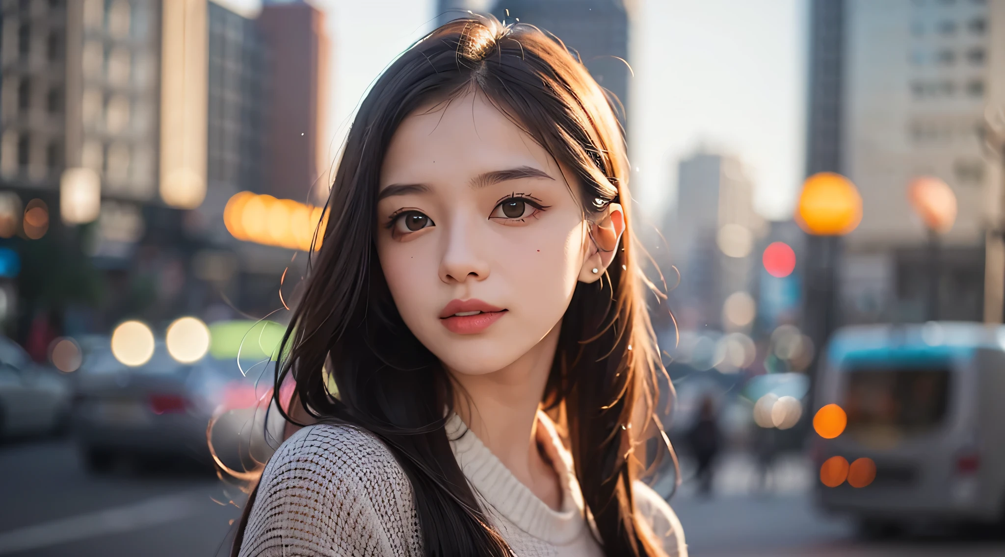 High Picture Quality, Bright light, excellent clarity. modern city street environment, Building traffic background. a girl standing on the sidewalk, Smiling，Eyes bright and confident. Elegant and natural posture, Make a statement with trendy streetwear and sophisticated accessories.  and natural makeup. Single photo, Bright soft light, Suitable for dedicated girls, Blur the background slightly to add depth. The composition is very clever, girl on one side, Leave enough space for the background. Careful post-processing，The colors are bright and vivid.