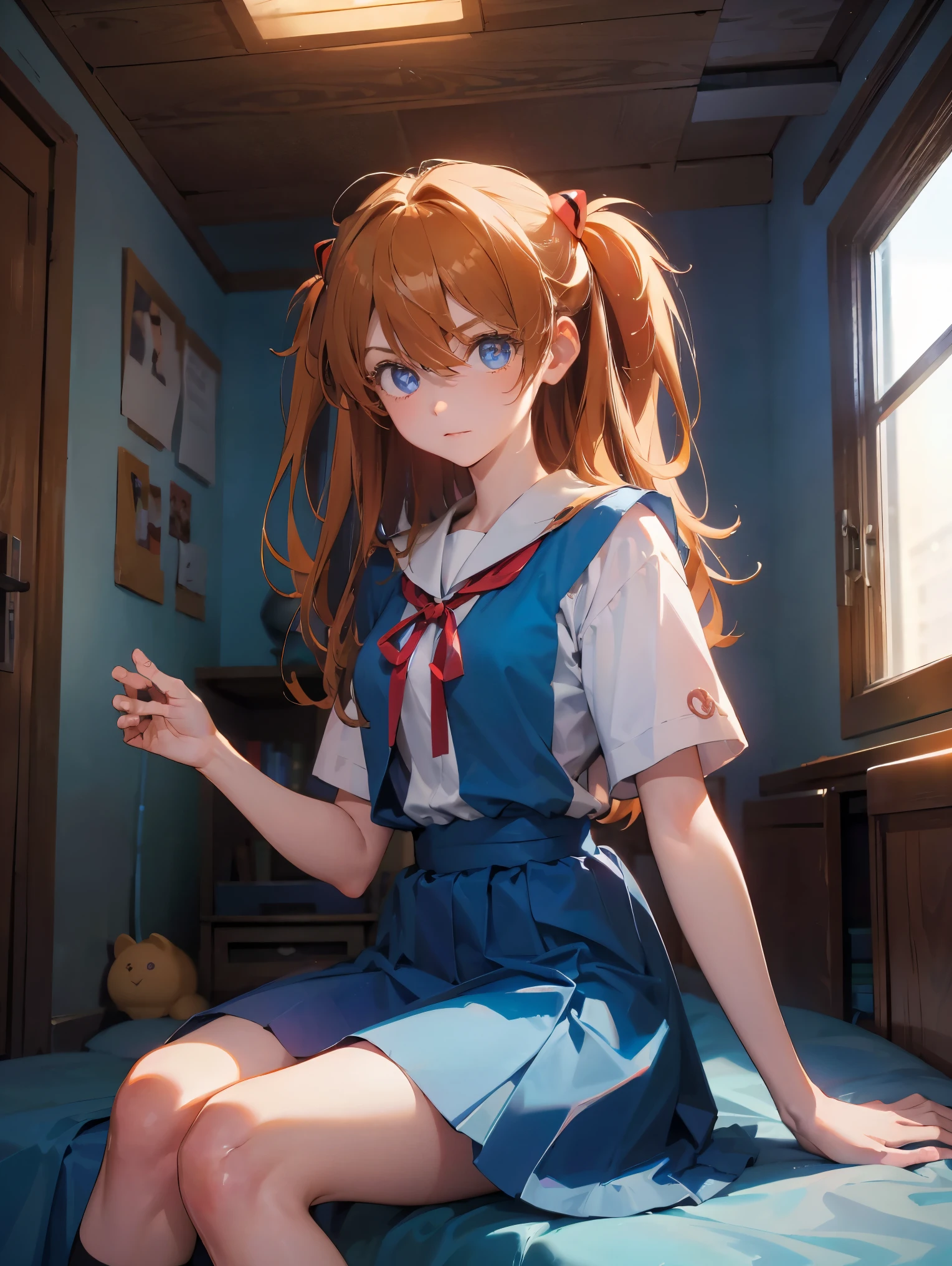 Asuka Langley Soryu，Blue eyes，hair between eyes，headware，Interface headset，Orange hair，Red ribbon、Ribbons、shcool uniform、skirts、Slip dress、Slip dress、Tokyo No. 3 Junior High School uniform、album artwork，Storytelling images