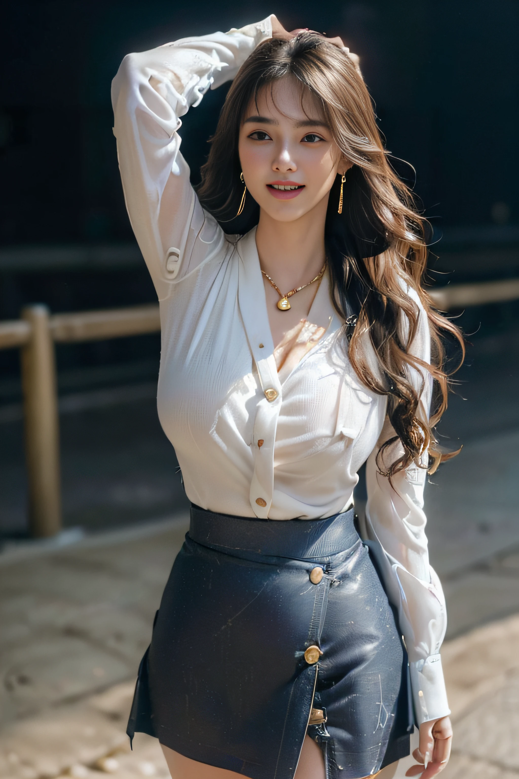 ((Beautiful girl in Japan:1.3)) ((White neat button blouse_blue wrap skirt:1.4)) ((pantyshot:1.5)) ((On the platform of the station)),((Gold necklace_Large earrings:1.3)) ((brown super long hair:1.2))((loose and wavy hair:1.3))((Thin_fabric:1.4)) ((Random sexy poses:1.3)) ((full of sweat:1.5))((with a flushed face:1.4)) ((Big breasts:1.4)) ((close-up:1.2)) Best Quality,masutepiece,超A high resolution,(Photorealistic:1.4),Raw photo,(Authentic skin texture:1.3),(Film grain:1.anorama,Character Portrait,Very Wide Shot,Narrow waist,Cowboy Shot,(In the Dark, deepshadow, lowkey, cold light,) Night,(()),Streaming Tears,,Dust,Tindall Effect,(expression),1girl in,beautiful detailed eyes and face,White Jabot,Brown eyebrows:1.2)) ((Full body:1.3)) ((Smile:1.3))