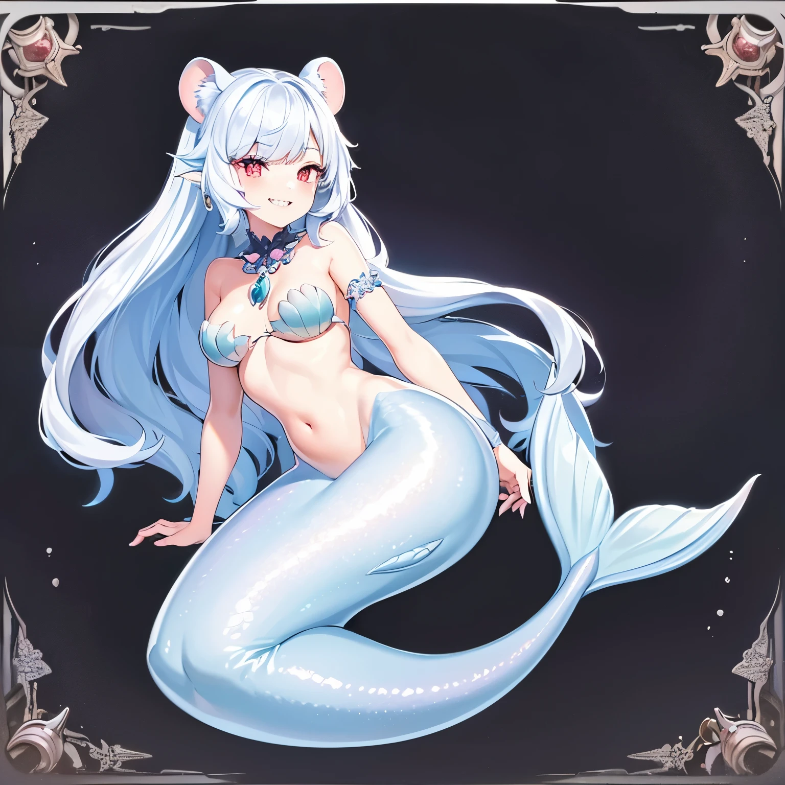 Pretty anthropomorphic mouse girl magically transformed into a alluring mermaid, race swap, sharp teeth, is smiling, drawn in anime style, fishlike, very long curly white hair, red eyes, white fur, slim body, whiskers, mouse ears, long mermaid tail below waistline, shimmering cyan fish scales, pelvic and dorsal fins, a pair of fish gills on her torso, seashells bra, pearl earrings and bracelets, pearl necklace, sitting on a rock, ocean surface, Highly detailed, masterpiece, high quality, 4K.