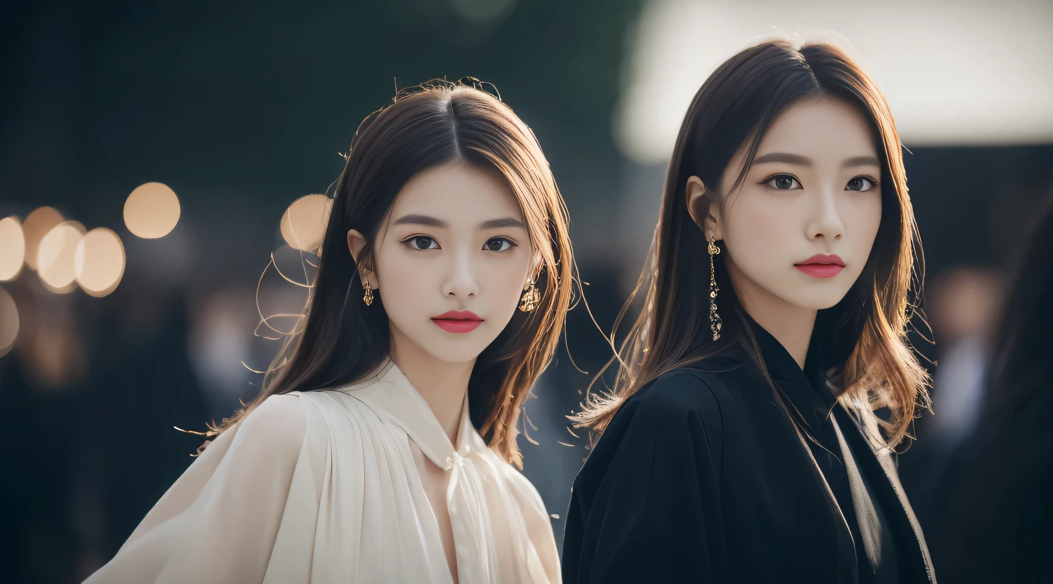(8K, RAW photos, realistically:1.25) ,( gloss on the lips,Gloss finish, Glowing and radiant skin, Best quality, 超高分辨率, color difference, Caustics, Wide light, naturalshadow) Bring peace and goddess-like happiness to the audience,(depth of fields:1.6), (Colored unfocused lights on background:1.2) ,Makeup is very natural,Cloudy day shooting . eyes elongated.Lowered eyes. the distance in her eyes、(Chic and elegant dress)(Stylish like a professional model)、Radio City、Medium hair