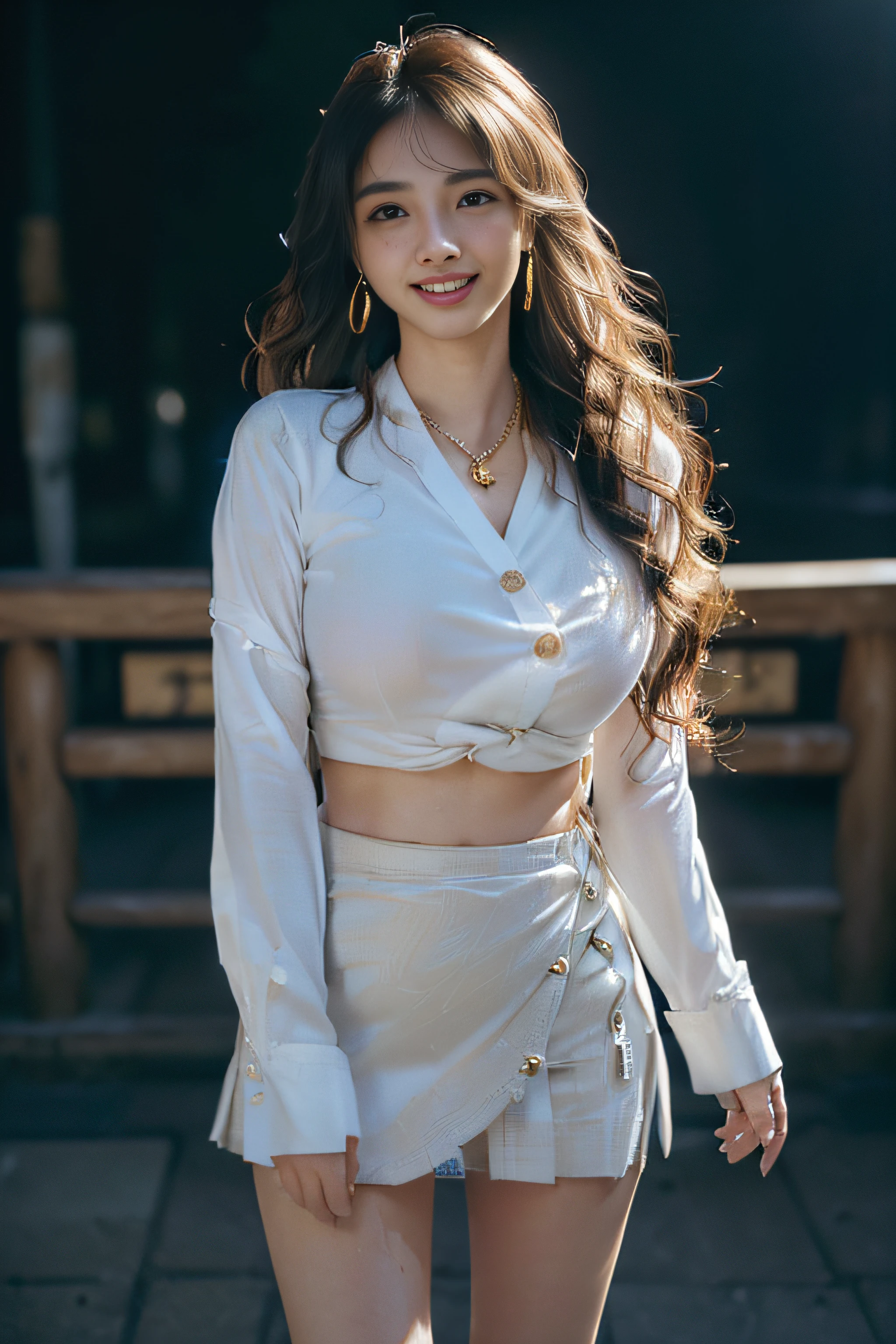 ((Beautiful girl in Japan:1.3)) ((White neat button blouse＿blue wrap skirt:1.4)) ((pantyshot:1.5)) ((On the platform of the station)),((Gold necklace＿Large earrings:1.3)) ((brown super long hair:1.2))((loose and wavy hair:1.3))((Thin_fabric:1.4)) ((Random sexy poses:1.3)) ((full of sweat:1.5))((with a flushed face:1.4)) ((Big breasts:1.4)) ((close-up:1.2)) Best Quality,masutepiece,超A high resolution,(Photorealistic:1.4),Raw photo,(Authentic skin texture:1.3),(Film grain:1.anorama,Character Portrait,Very Wide Shot,Narrow waist,Cowboy Shot,(In the Dark, deepshadow, lowkey, cold light,) Night,(()),Streaming Tears,,Dust,Tindall Effect,(expression),1girl in,beautiful detailed eyes and face,White Jabot,Brown eyebrows:1.2)) ((Full body:1.3)) ((Smile:1.3))
