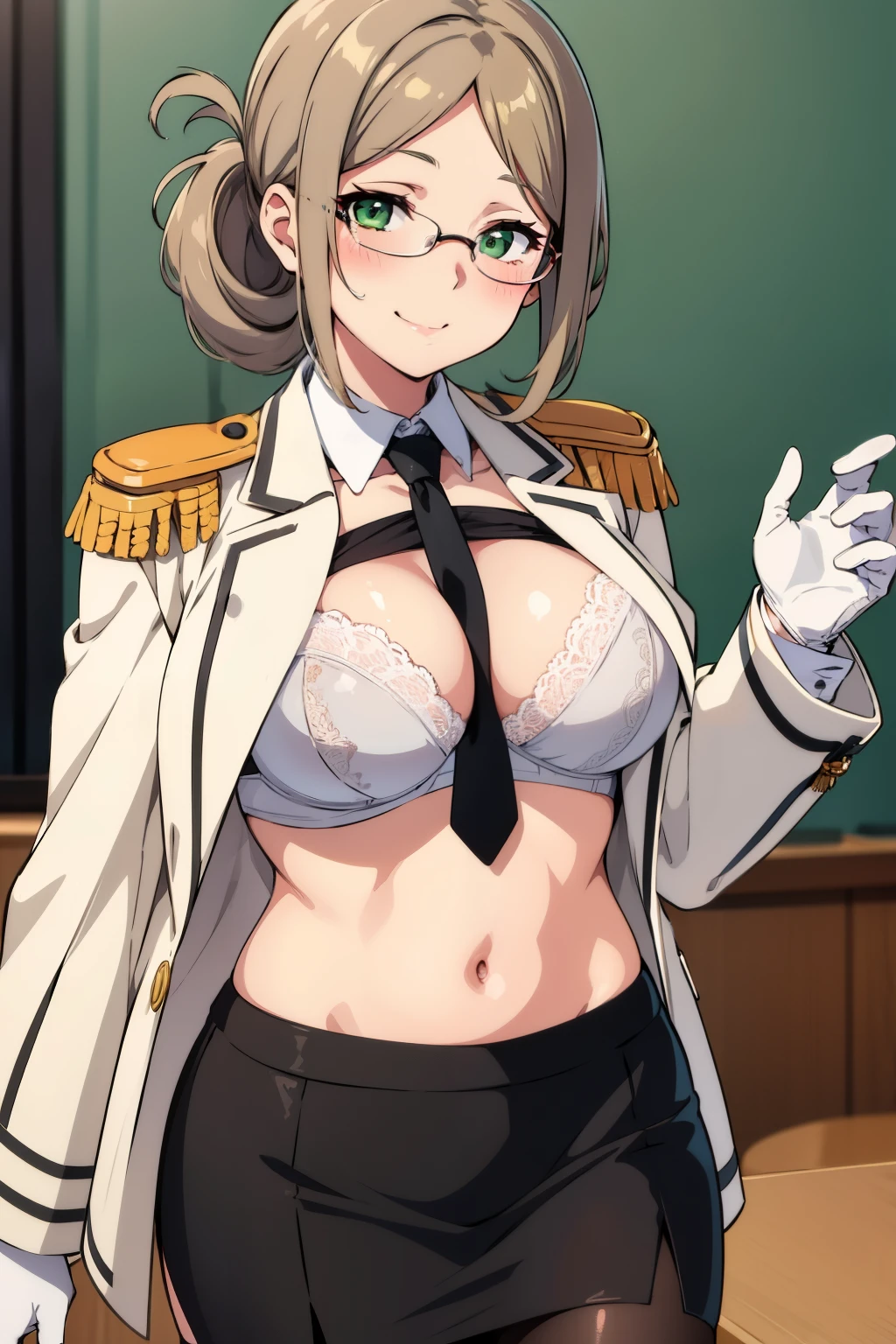 best quality, high resolution, 1girl, large breasts, katori \(kancolle\), light brown hair, folded ponytail, parted bangs, green eyes, glasses, rimless eyewear, military uniform,white jacket,epaulettes,black necktie,white gloves,grey pencil skirt, black pantyhose, blaak bra, blush, embarrassed, smile, looking at viewer, bra lift, squinting