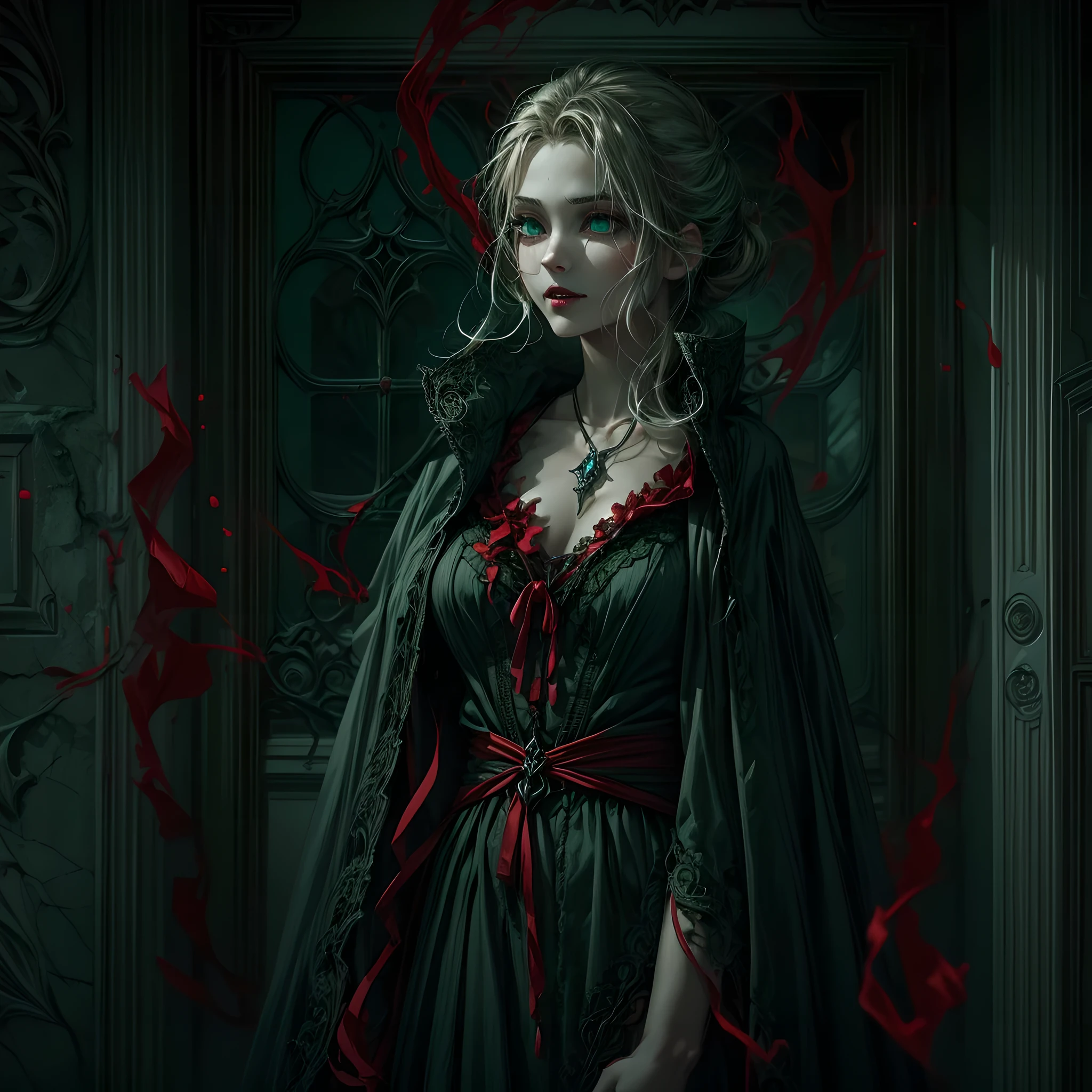 a picture of vampire standing in the front of her home, an exquisite beautiful female vampire in her front door of her home, full body (ultra detailed, Masterpiece, best quality), ultra detailed face (ultra detailed, Masterpiece, best quality), grey skin: 1.3 , blond hair, hair in a ponytail, long hair, blue eyes, cold eyes, glowing eyes, intense eyes, smile with [drops of blood on face] (ultra detailed, Masterpiece, best quality), dark red lips, [vampire fangs], wearing (red: 1.4) dress (ultra detailed, Masterpiece, best quality), (green: 1.4) dark green cloak, (green: 1.3) (green: 1.3) high heeled boots in front of her home,  Cinematic Shot, Cinematic Lighting high details, best quality, 16k, [ultra detailed], masterpiece, best quality, (ultra detailed), full body, ultra wide shot, photorealism, dark fantasy art, moon light coming through the window, moon rays, gothic art, sense of dread, sense of seduction, bloodmagic