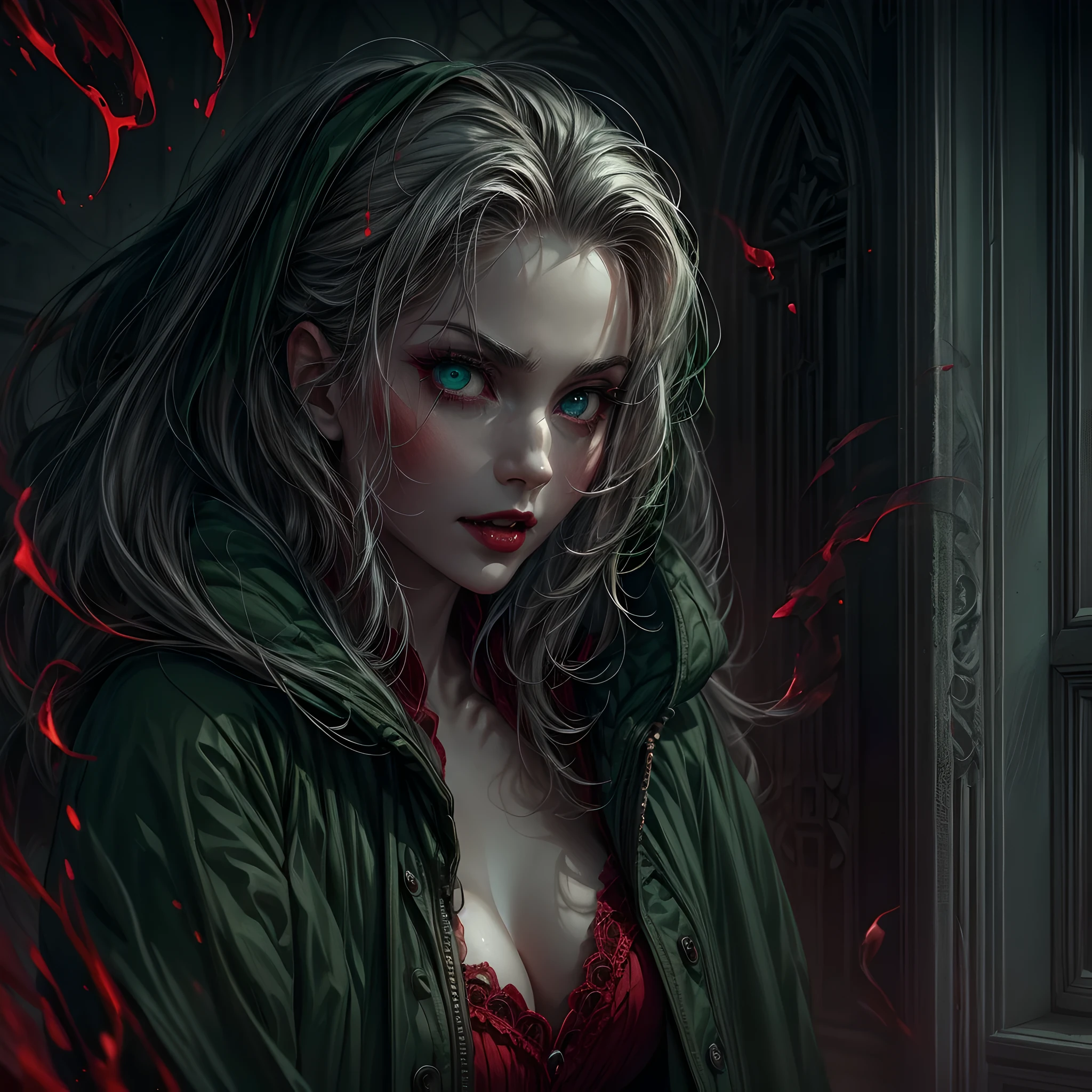 a picture of vampire standing in the front of her home, an exquisite beautiful female vampire in her front door of her home, full body (ultra detailed, Masterpiece, best quality), ultra detailed face (ultra detailed, Masterpiece, best quality), grey skin: 1.3 , blond hair, hair in a ponytail, long hair, blue eyes, cold eyes, glowing eyes, intense eyes, smile with [drops of blood on face] (ultra detailed, Masterpiece, best quality), dark red lips, [vampire fangs], wearing (red: 1.4) dress (ultra detailed, Masterpiece, best quality), (green: 1.4) dark green cloak, (green: 1.3) (green: 1.3) high heeled boots in front of her home,  Cinematic Shot, Cinematic Lighting high details, best quality, 16k, [ultra detailed], masterpiece, best quality, (ultra detailed), full body, ultra wide shot, photorealism, dark fantasy art, moon light coming through the window, moon rays, gothic art, sense of dread, sense of seduction, bloodmagic