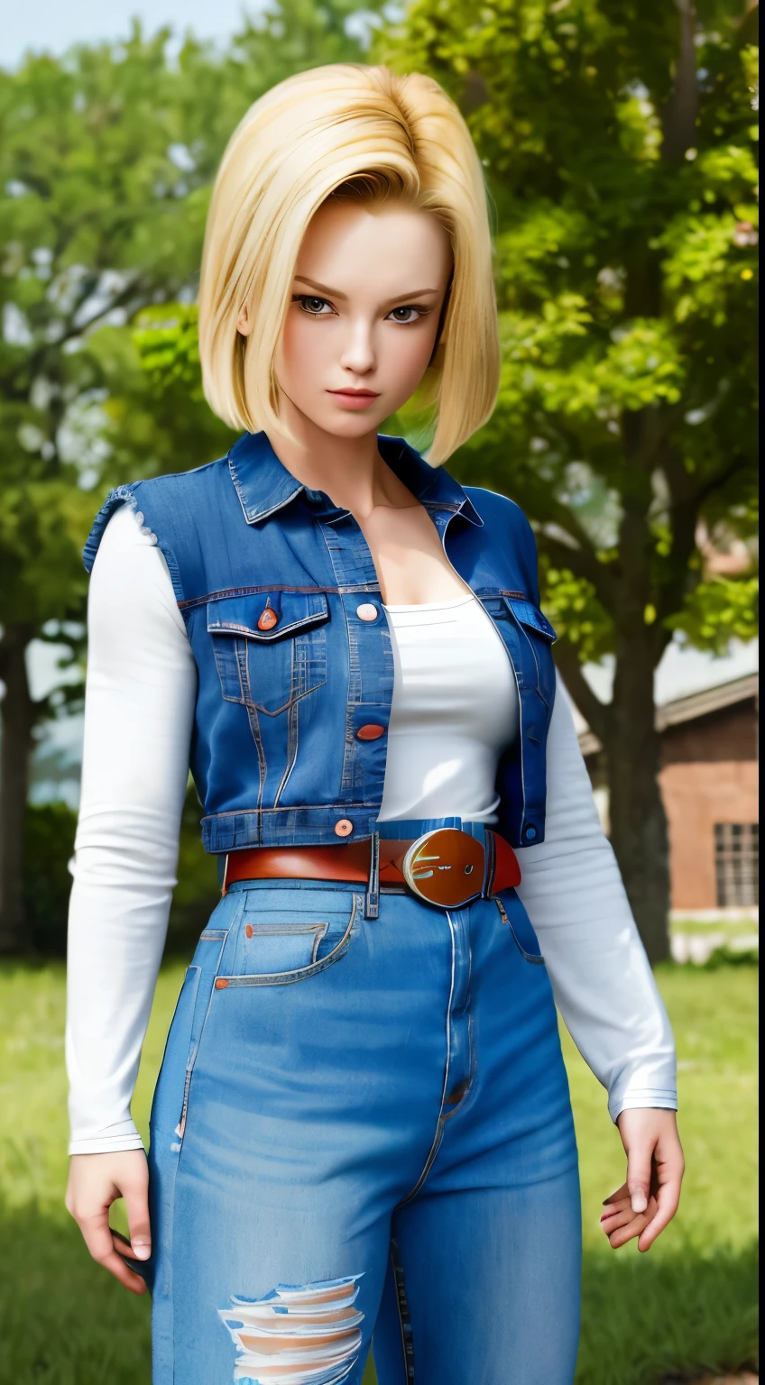masterpiece, best quality, ultra-detailed, absurdres, Potrait of beautiful Android18DB, solo, denim, breasts, belt, medium_breasts, outdoors, torn_clothes, volumetric lighting, best quality, masterpiece, intricate details, tonemapping, sharp focus, hyper detailed, trending on Artstation,