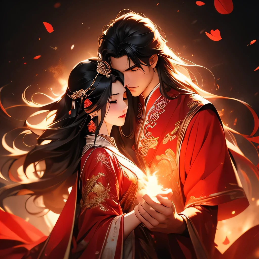 A long-haired man and a long-haired woman，couple worship，ancient chinese wedding，catching fire，ancient Chinese costume，petals，red shawl，red theme，玫瑰petals,Best quality at best, super detailing, tmasterpiece, A high resolution, 8K分辨率,