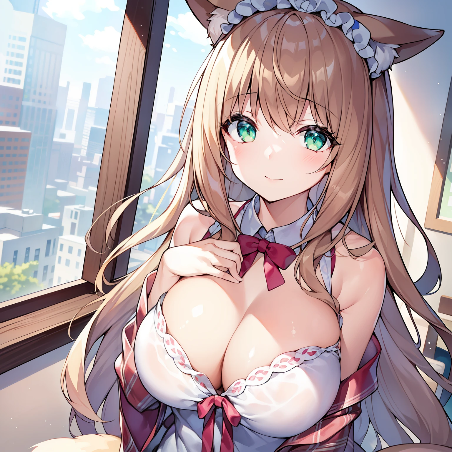 (tmasterpiece, Best quality, A high resolution), 1 girl, Alone, Oversized fox tail，Green-eyed，(Long brown hair_Side French brmall ，Floral headdress, (27years old，Busty wife)_F Cup，modernn architecture, 摩洛解放阵线, At home，in pajamas，Put your hands into your clothes，put it on your chest，A girl who loves breasts，疯狂地将双手put it on your chest，