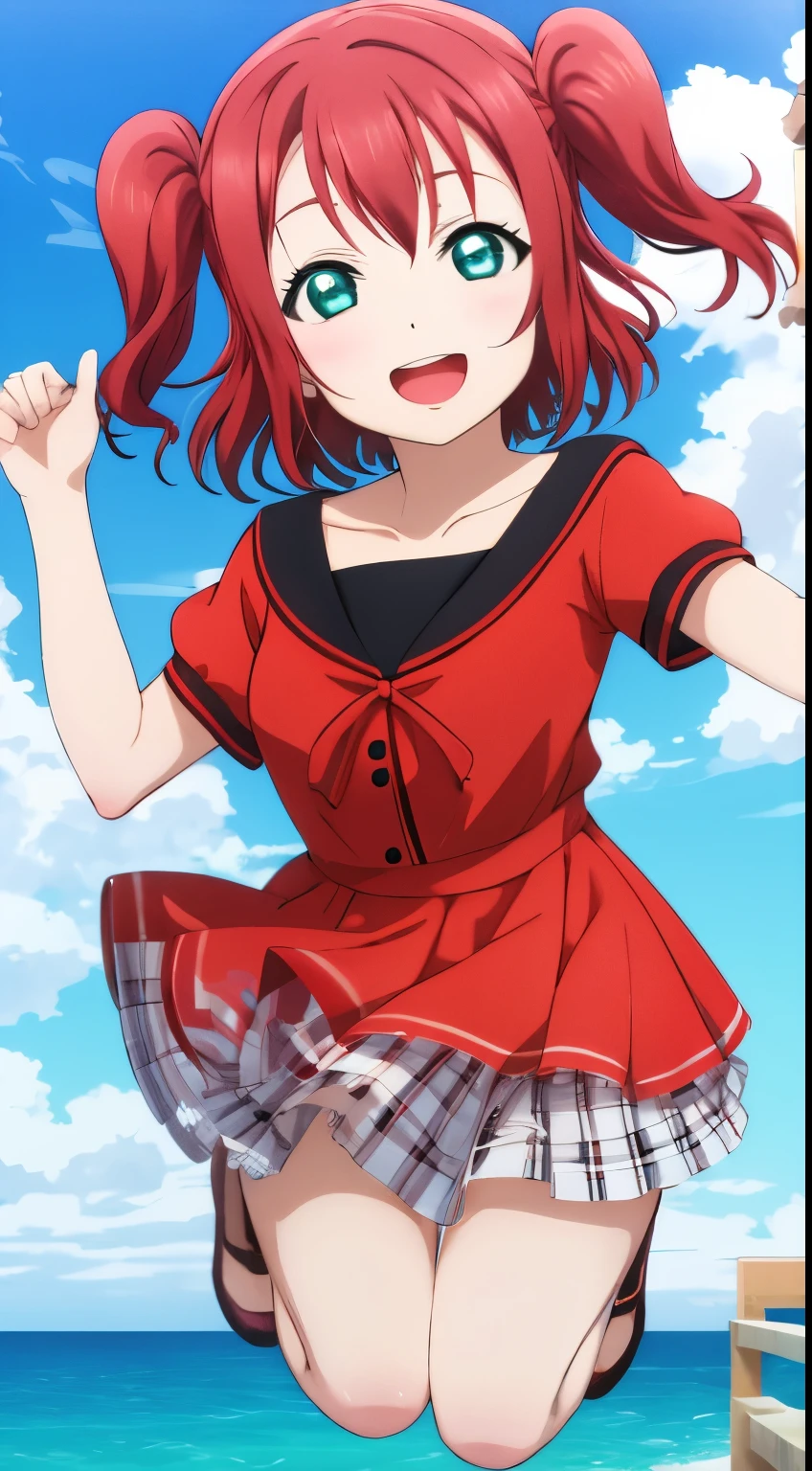 (Chibi), , Ruby kurosawa, aqua eyes, medium hair, red hair, two side up, twintails, 1girl, jumping, winking, looking at the viewer, happy open mouth, background : sea, sunshine )