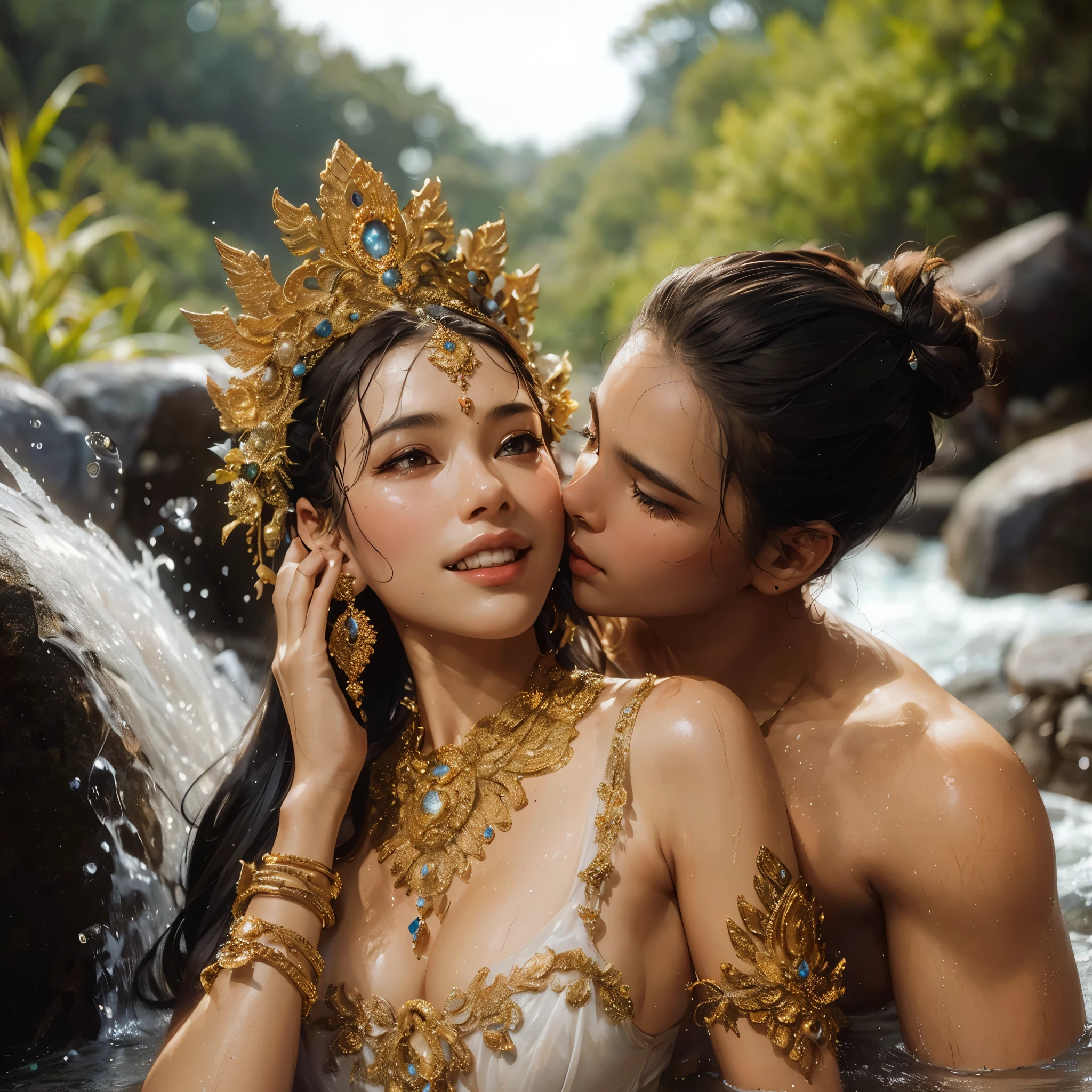 araffes in a river with a man kissing a woman with large breast, stream of love and happiness, javanese mythology, bathing in a waterfall, 8k)), 🤬 🤮 💕 🎀, thailand art, roberto ferri and ruan jia, goddess of love and peace, amano and karol bak, karol bak and peter mohrbacher, masterpiece, best quality:1.2),,(8k,highres,RAW photo,realistic,photo-realistic:1.3),(detailed skin texture,detailed cloth texture,beautiful detailed face:1.25),professional lighting,photon mapping,beautiful soft light,radiosity,physically-based rendering,raytracing, model shoot style, model shoot style, (extremely detailed CG unity 8k wallpaper), full shot body photo of the most beautiful artwork in the world,