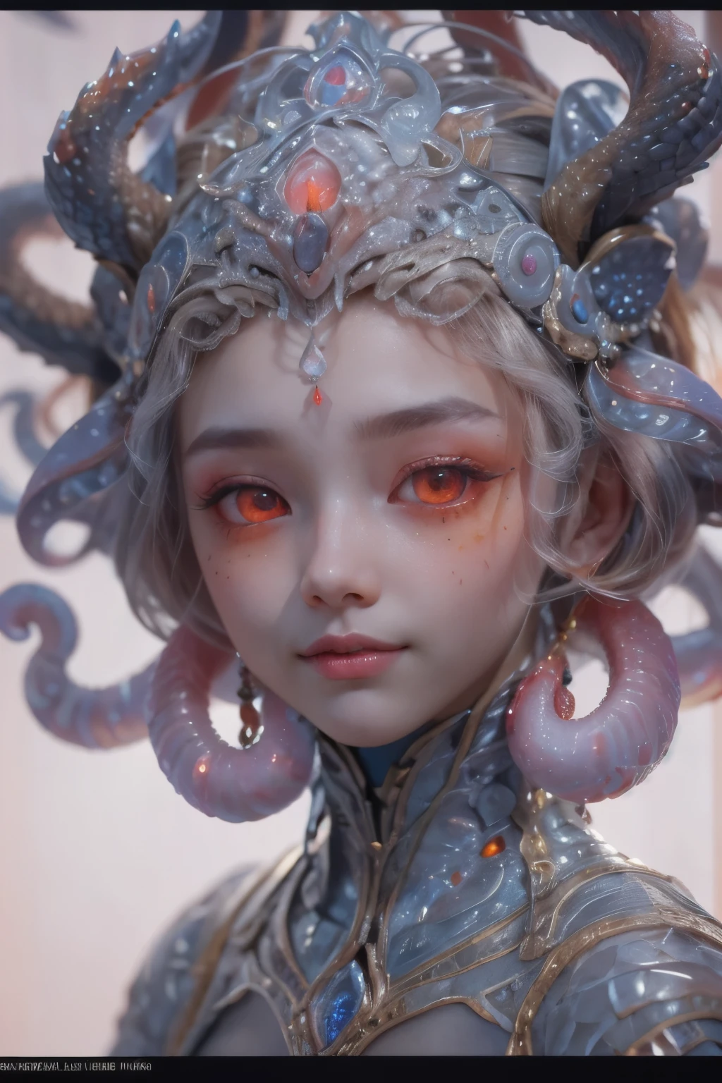 Portrait, (beautiful female alien:1.2), (There is a female genital-like organ in the middle of the forehead:1.8), (The most beautiful face in the history of the universe:1.2), (scarlet eyes:1.6), (Translucent skin:1.8), an evil gaze that seduces , (red eyes:1.5), Full body like, (sexypose:1.5), alien, No humans, cells are fused, (Lots of translucent tentacles:1.1) (Translucent skin:1.3), extraterrestrial, cell, bio image, 魅惑的, Best Quality, 8K,4K_quality, high definition, Dramatic Lighting, masutepiece:1.5,cinematic quality, detail up, (Intricate details:1.2), high resolution, High Definition, drawing faithfully, (Thick eyebrows:1.2), Beautiful eyes with fine symmetry, (Ultra detailed eyes:1.2),(Highly detailed face and eyes:1.2), (High-resolution red-eye:1.4), Intimate face, (Super detailed skin quality feeling:1.4), Perfect Anatomy, (Beautiful toned body:1.5), (Moist skin:1.2), No makeup, (dark circles:1.1), long canines, cinematic drawing of characters, ultra high quality model, cinematic quality, detail up, (Intricate details:1.2), high resolution, High Definition, drawing faithfully, Official art, Unity 8K wall , 8K Portrait, Best Quality, Very high resolution, ultra detailed artistic photography, midnight aura, unreal engine 5, Ultra Sharp Focus, art by alberto seveso, ArtGerm, Roisch, intricate artwork, Medusa, best quality, masterpiece, ultra high resolution, (photos realistic:1.4), Ultra-realistic realism, dream-like, nautilus, Creation of fantasy, Snail, Dream Snail, biopunk nautilus, thrilling color schemes, Ultra-realistic realism, seductively smiling, blue tentacles