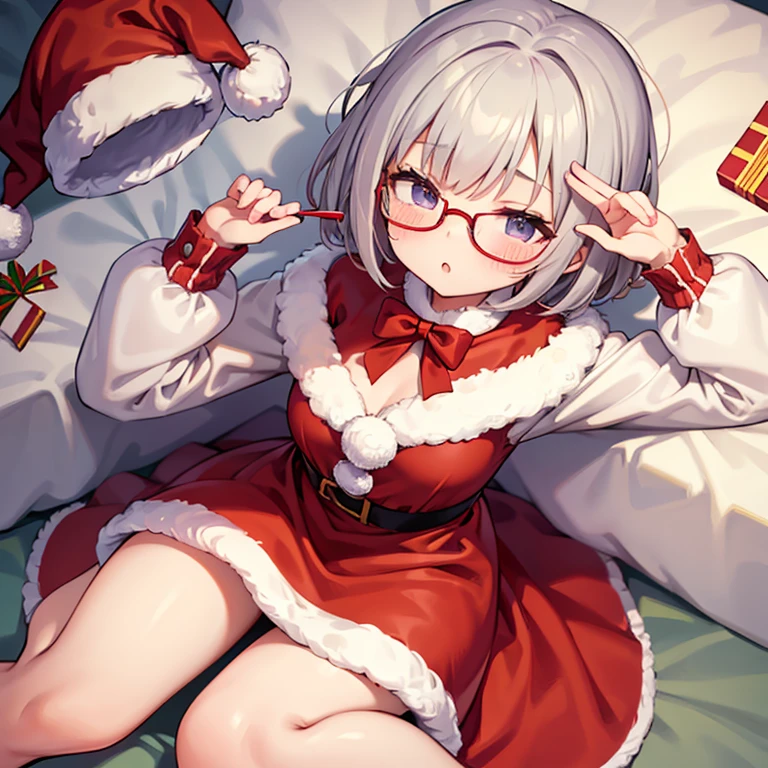 Cute girl with fashionable short hairstyle、eye glass、Dressed as Santa、Trying to put a present by the bedside of a sleeping child