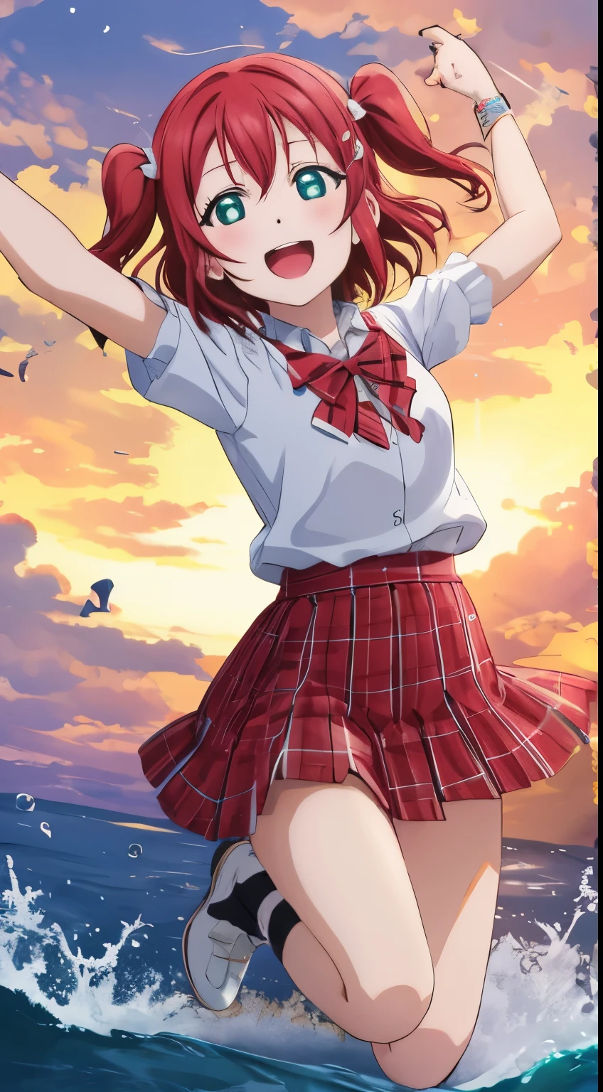 (Chibi), baby face, Ruby kurosawa, aqua eyes, medium hair, red hair, two side up, twintails, 1girl, jumping, winking, looking at the viewer, happy open mouth, background : sea, sunshine )