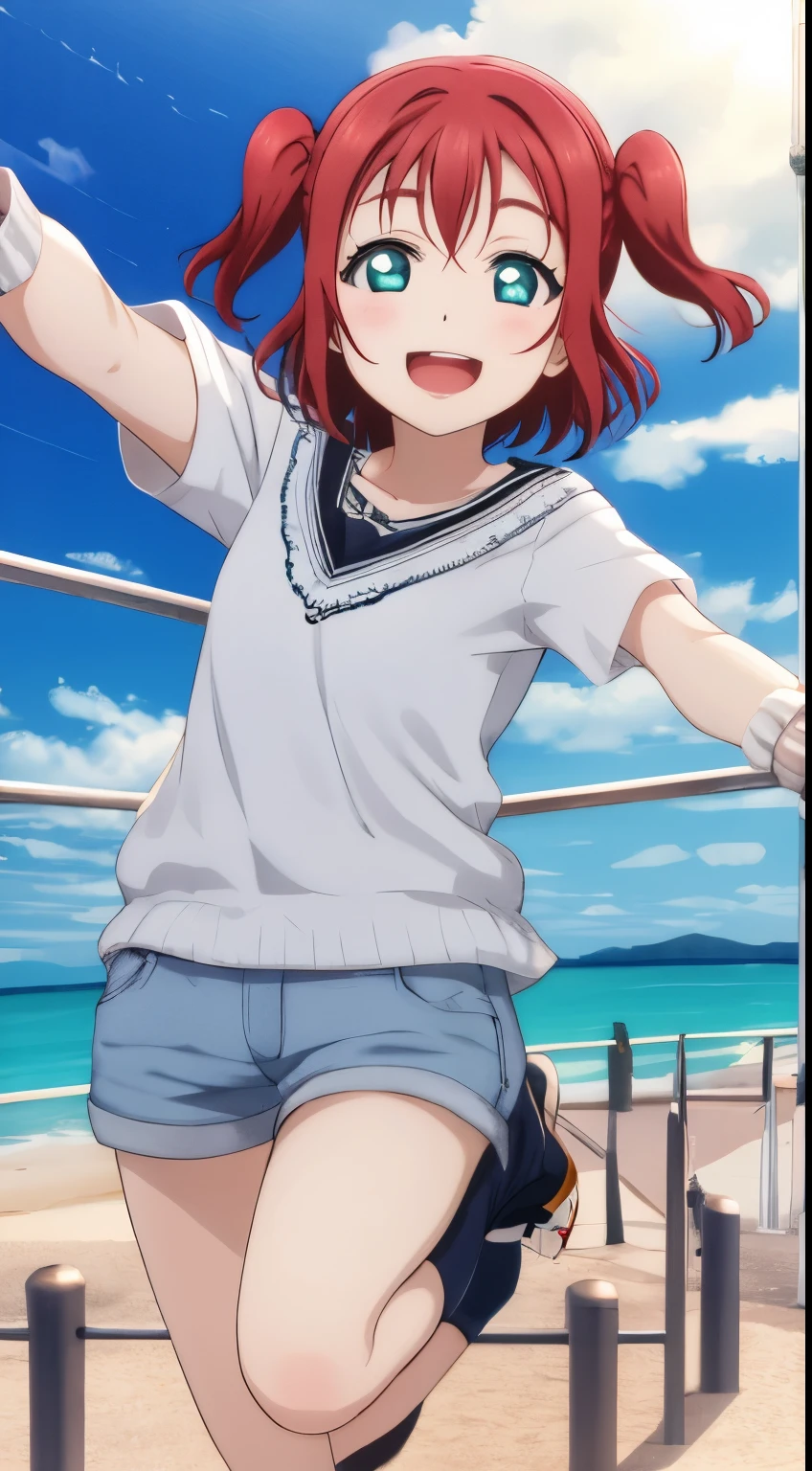 (Chibi), *********, Ruby kurosawa, aqua eyes, medium hair, red hair, two side up, twintails, 1girl, jumping, winking, looking at the viewer, happy open mouth, background : sea, sunshine )