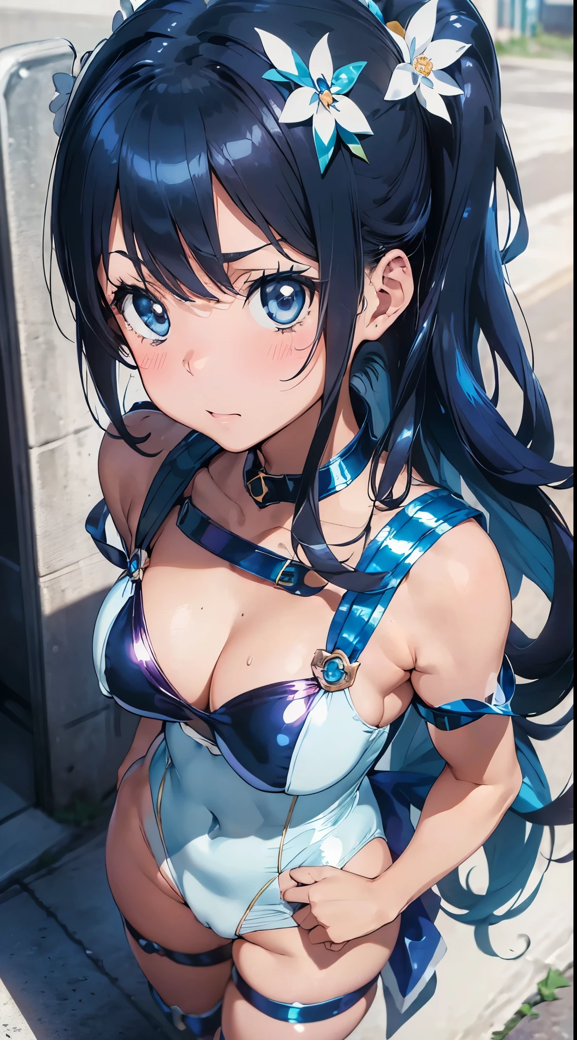 1womanl,Black hair,ar old Impatient expression)),Beautiful breasts,(((Sexy magical girl white and blue shiny bodysuit)))(())(((Blushing cheeks、Surprised look)),(((Satin Narico))),((( portlate))),we have blue eyelashes)))()Street,Crowds(magical girl hair ornament)