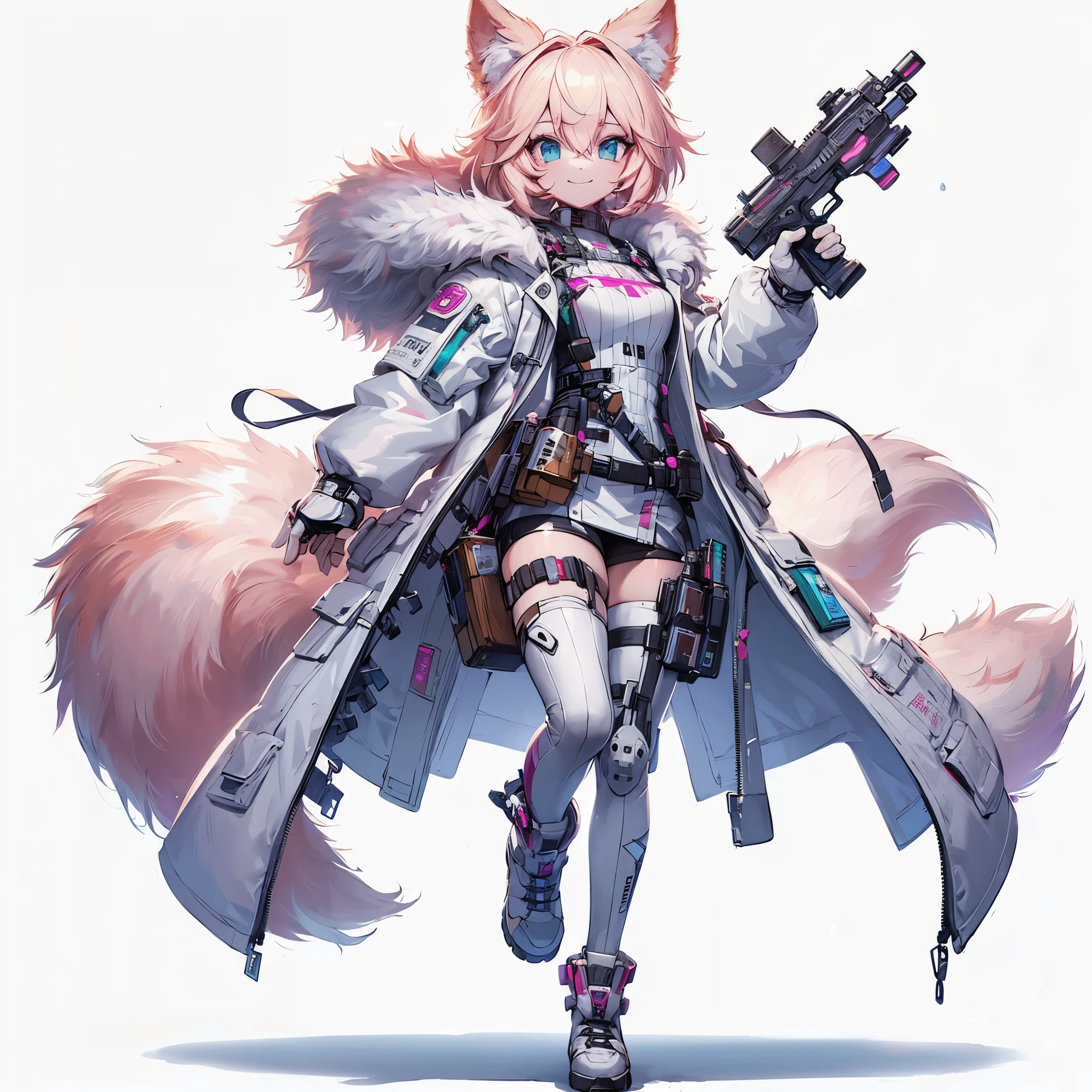 (Masterpiece, best quality), (perfect athlete body:1.2), (detailed hair), ultra-detailed, anime style, solo, full body, Furry animal girl doctor, pink-blond hair, white fur, wears cyberpunk doctor Costume, has medical weapon, raised boots, digital painting, 8k high resolution, whole body, white background, standing in wasteland, wining smile