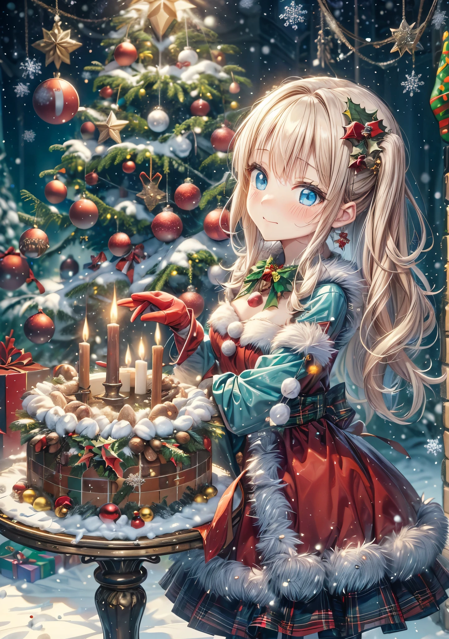 absurderes, ultra-detailliert,bright colour, Short hair,Blonde hair with fluffy short twintails:1.2)Shiny hair,(gothic lorita:1.3),(Embarrassing and embarrassed face:1.3),(Christmas tree:1.3),(Christmas Decorations:1.3),Delicate beautiful face, red blush、(Deep Blue Eyes:1.5), White skin, hair clips, earrings, a necklace,There'What I really want for Christmas this year,bright red, Not a diamond wrapped in a bong,you gave me the most important thing,In front of the fir tree and fireplace,big dog and little cake,Light a candle,Merry Christmas spent just the two of us,before I met you, I swore I would never fall in love again.,The feeling of believing will someday be covered with a black core,Santa Claus in a dream,I pray to God,
Please give me someone more important than glitter,So that I can always overcome deep sadness with you.,Light a candle
2人だけで祈るMerry Christmas,