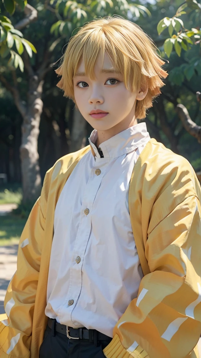 Masterpiece,best quality,1 boy,zenitsu agatsuma,blonde hair,yellow kimino,looking viewer