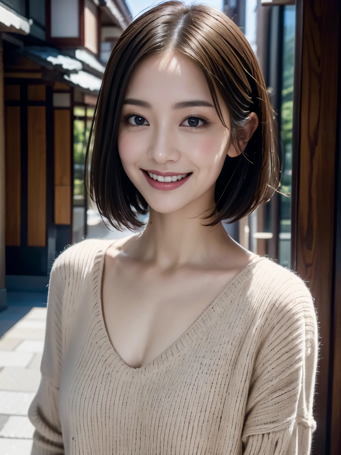 I want to see a video of this person talking。「Hi there」Let me say that。Soio、rough touch angle、ssmile、Beautiful Japan actress、27yo、short-haired、top-quality、​masterpiece、超A high resolution、Raw photography、女の子1人、