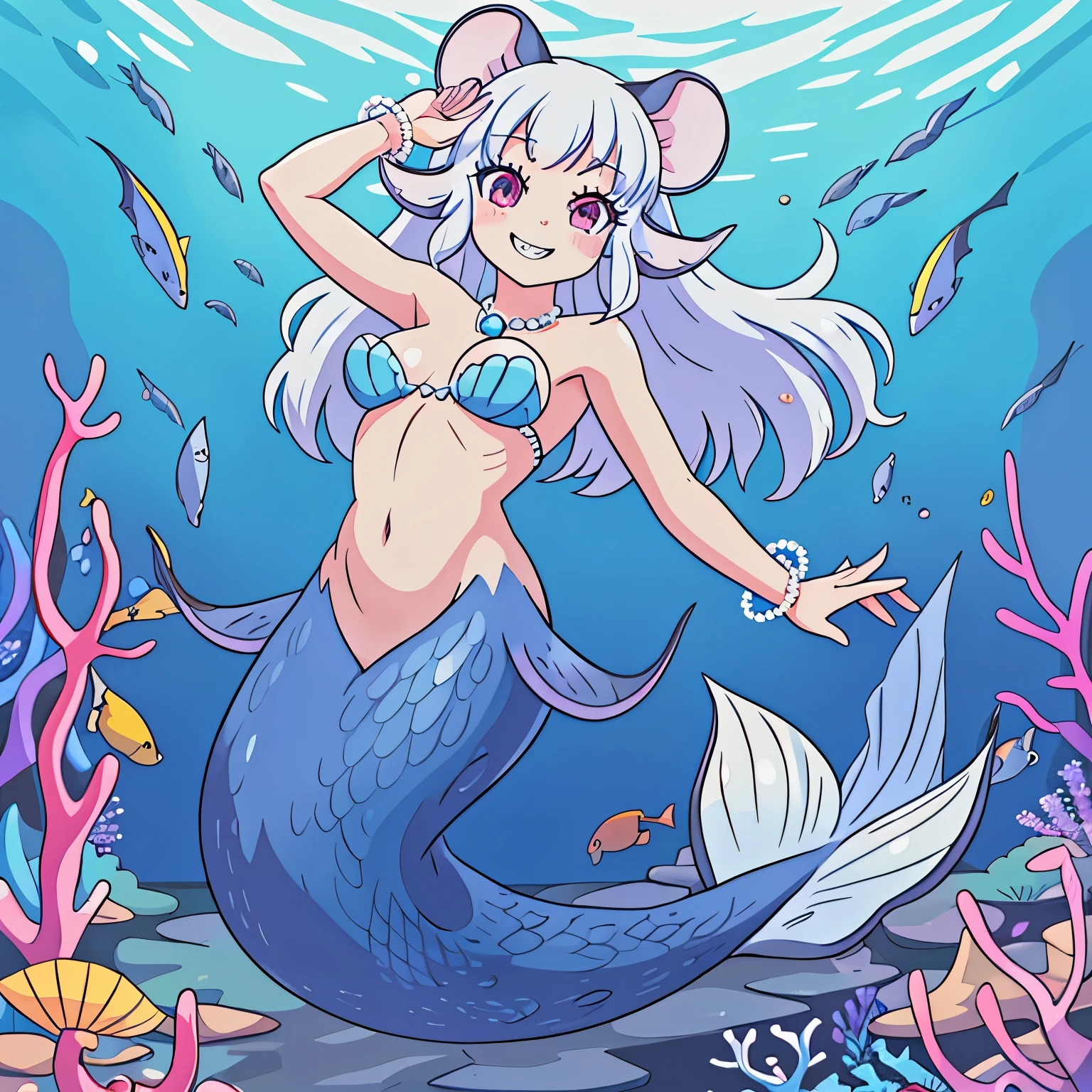 Pretty anthropomorphic mouse girl magically transformed into a alluring mermaid, race swap, sharp teeth, is smiling, drawn in anime style, fishlike, very long curly white hair, red eyes, white fur, slim body, whiskers, mouse ears, long mermaid tail below waistline, shimmering cyan fish scales, pelvic and dorsal fins, a pair of fish gills on her torso, seashells bra, pearl earrings and bracelets, pearl necklace, swimming underwater, ocean depth, Highly detailed, masterpiece, high quality, 4K.