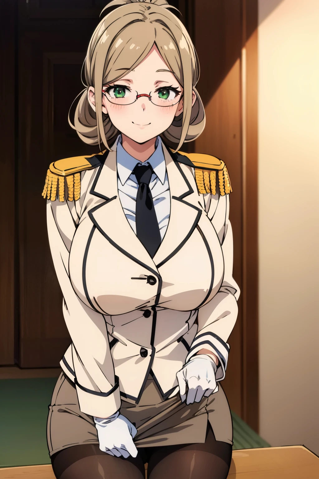 1990s \(style\), 1990s anime cels style, best quality, high resolution, 1girl, huge breasts, katori \(kancolle\), light brown hair, folded ponytail, parted bangs, green eyes, glasses, rimless eyewear, military uniform,white jacket,epaulettes,black necktie,white gloves,grey pencil skirt, black pantyhose, blaak bra, blush, embarrassed, smile, looking at viewer, bra lift, squinting