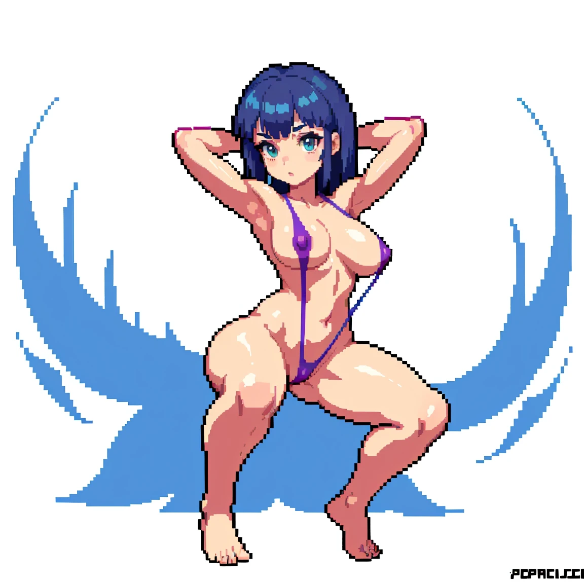 (masterpiece, top quality, best quality, less detail, 8-bit color), pixel,pixel art,1girl, fullbody, smack studio, separate body for edit, ((squatting)), ((armpits)), arms above and behind head, (slingshot swimsuit), (pubic hair), ((wedgie)), bare foot, (covered nipples), (huge breasts)