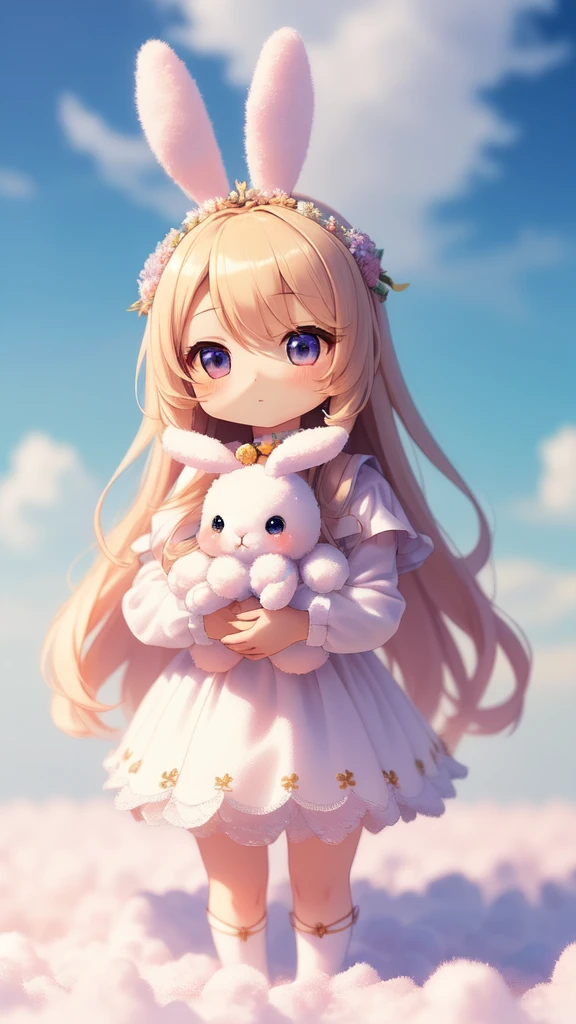 Bunny Morphing Girl, Fluffy, Soft ((Best Quality)), ((masutepiece)), ( Extreme Detail, Supreme Detail, Official art, Beauty and aesthetics: 1.2), depth of fields, Composition, Full body, (Chibi), (Beautiful and detailed eyes: 1.3), (Very satisfied:1), Colorful clouds blurred background