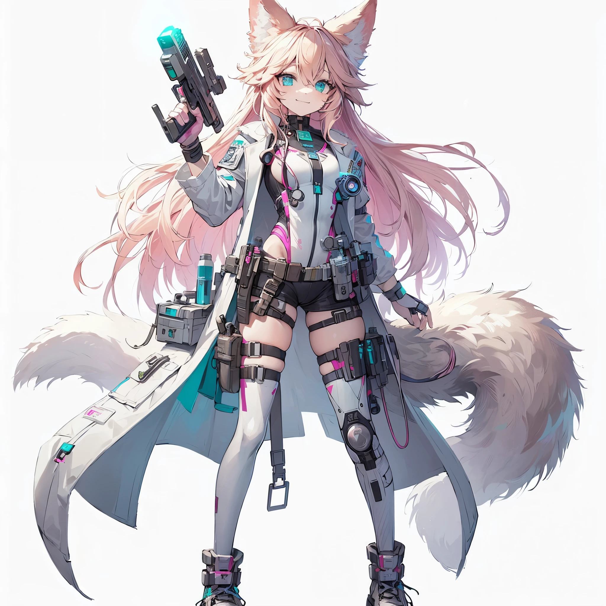 (Masterpiece, best quality), (perfect athlete body:1.2), (detailed hair), ultra-detailed, anime style, solo, full body, Furry animal girl doctor, pink-blond hair, white fur, wears cyberpunk doctor Costume, has medical weapon, raised boots, digital painting, 8k high resolution, whole body, white background, standing in wasteland, wining smile
