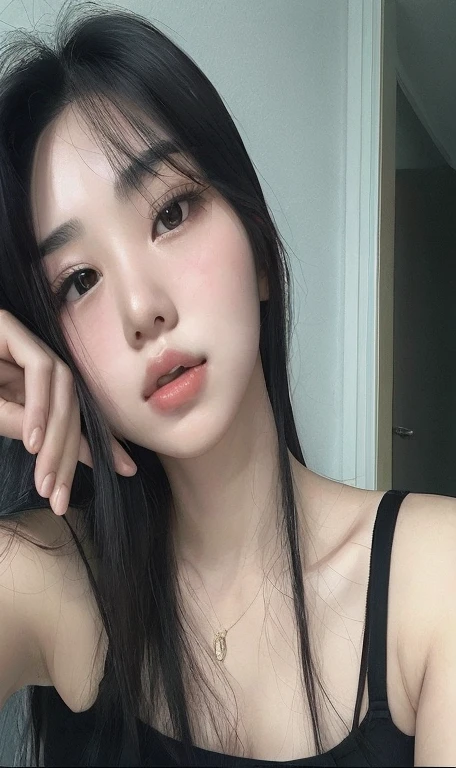 there is a woman with long hair posing for a picture, maquiagem sul-coreana popular, Ulzzang, maquiagem coreana popular, Mulher sul-coreana bonita, young adorable korean face, beautiful aesthetic face, linda mulher coreana jovem, menina coreana, korean face features, mulher coreana jovem bonita, wan adorable korean face, clear lips and high quality, menina bonito-fino-cara