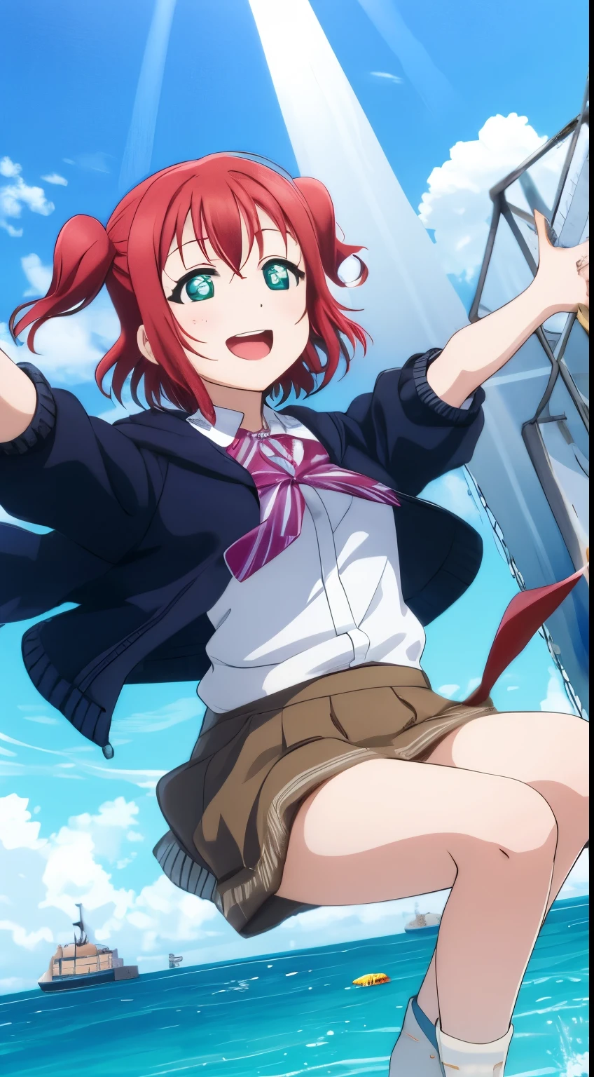 (Chibi), , Ruby kurosawa, aqua eyes, medium hair, red hair, two side up, twintails, 1girl, jumping, winking, looking at the viewer, happy open mouth, background : sea, sunshine )