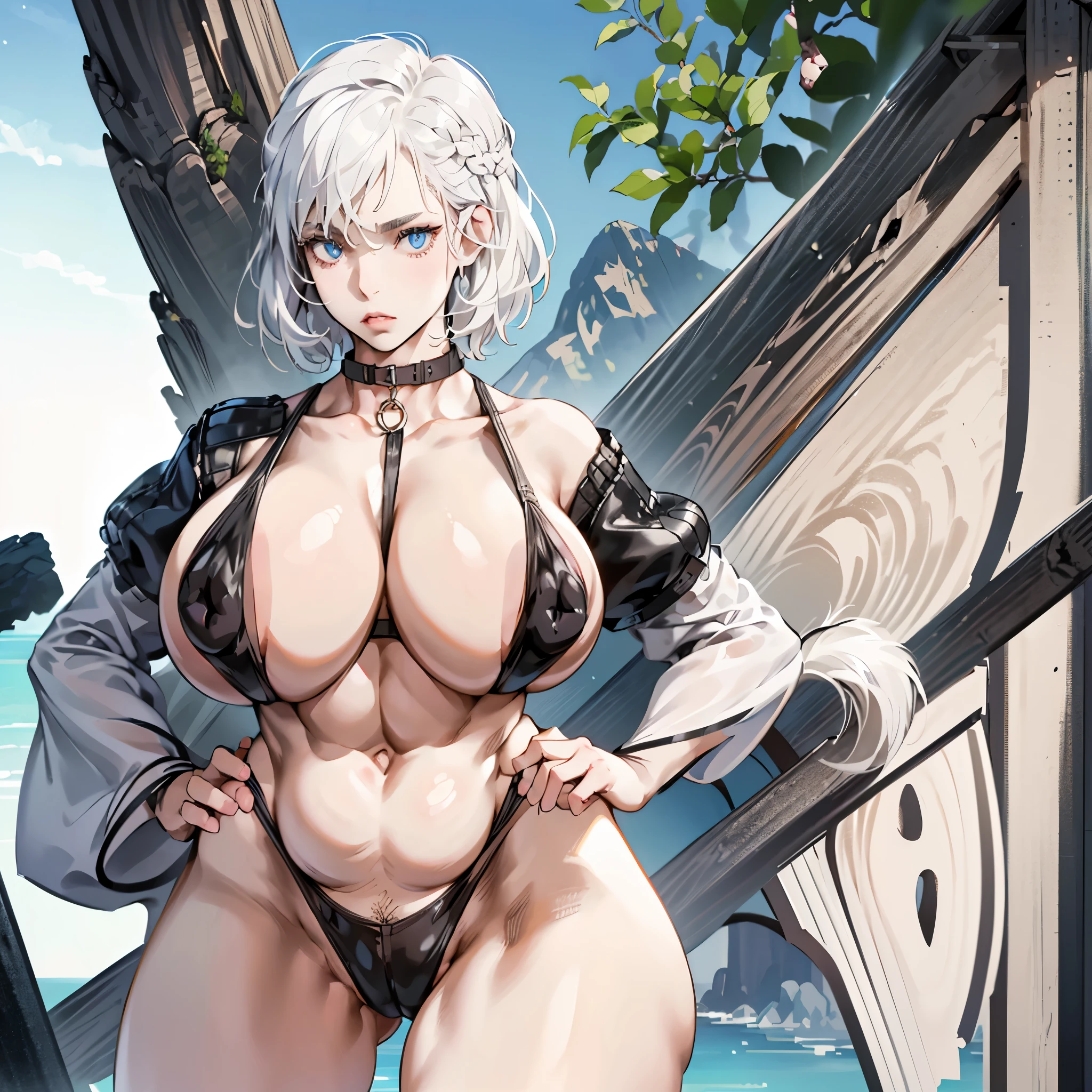 White hair , short hair, blue eyes, (big-tits:1.7) , Thin legs, thin body, leather collar, Black micro bikini, View from above, (wide-hips:1.6), Thin waist, Very thin waist, Perfect face, delicate face, naked, braided tail, Lone portrait, dynamic pose